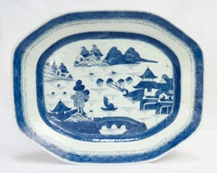 Large Antique Chinese Export Blue & White Canton Porcelain Serving Platter/Tray