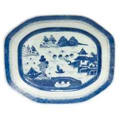 Large Antique Chinese Export Blue & White Canton Porcelain Serving Platter/Tray