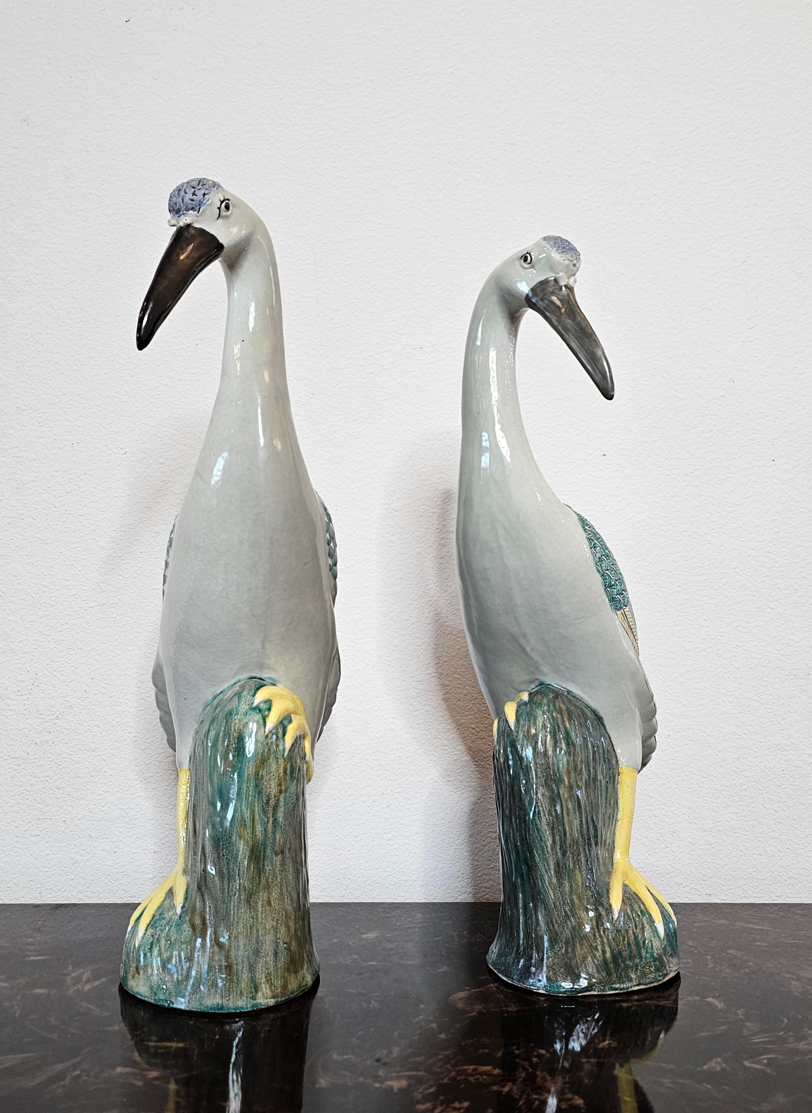 Large Antique Chinese Export Glazed Porcelain Crane Sculpture Pair  In Good Condition In Forney, TX