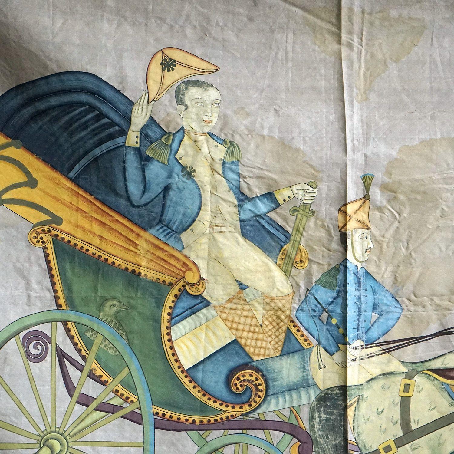 Peinture ancienne représentant un chariot militaire

Représentation d'un chef militaire occidental coiffé d'un chapeau bicorne, peut-être un général, ou peut-être même Napoléon, passant dans une calèche avec deux chevaux blancs et un soldat marchant