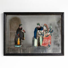 Large Antique Chinese Export Reverse Painted Mirror, Glass Painting 19th Century