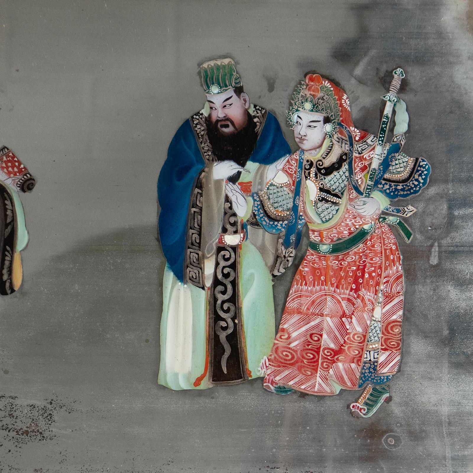 Fait main Grand miroir antique chinois d'exportation peint à l'envers, peinture sur verre 19e siècle en vente
