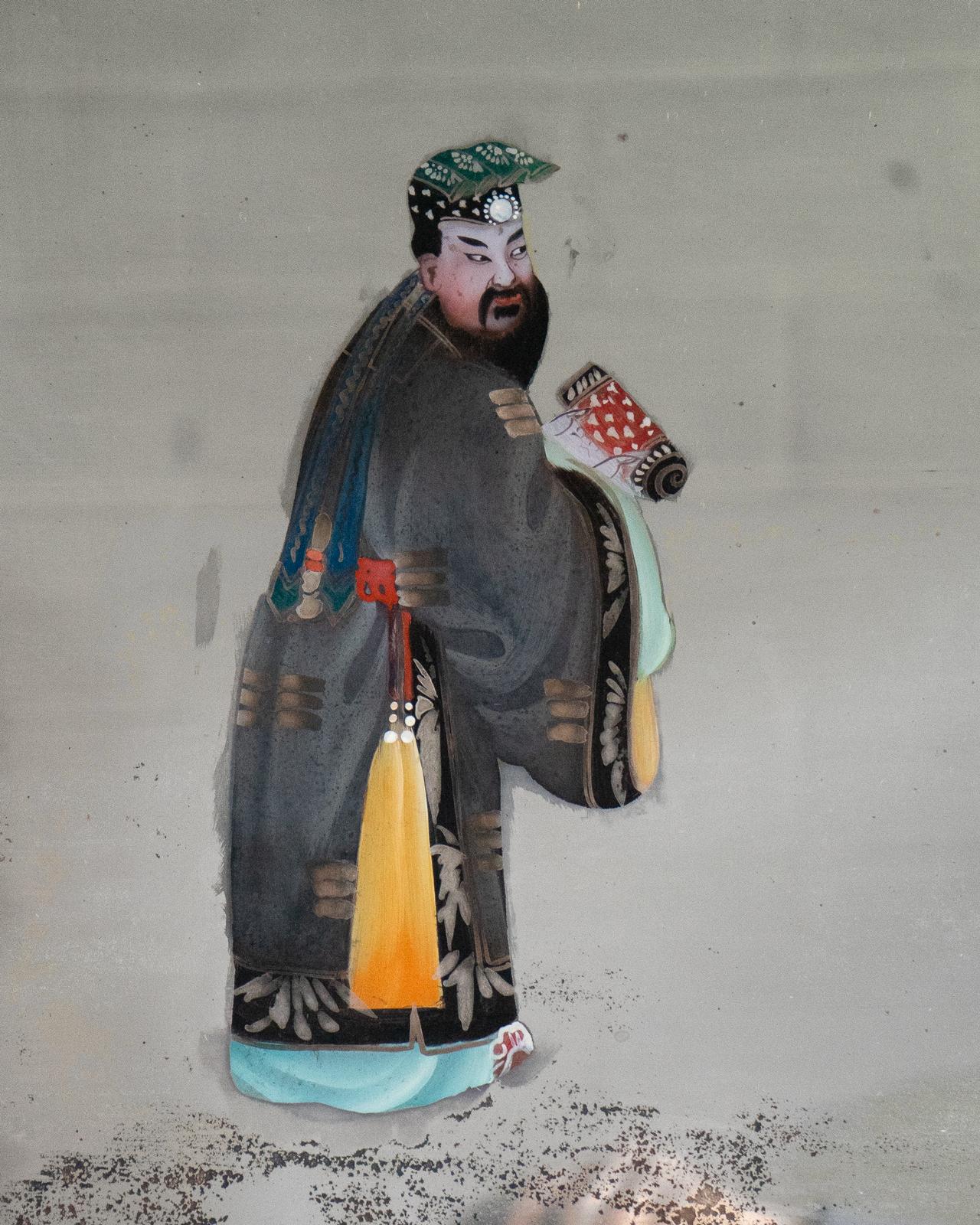 Verre Grand miroir antique chinois d'exportation peint à l'envers, peinture sur verre 19e siècle en vente