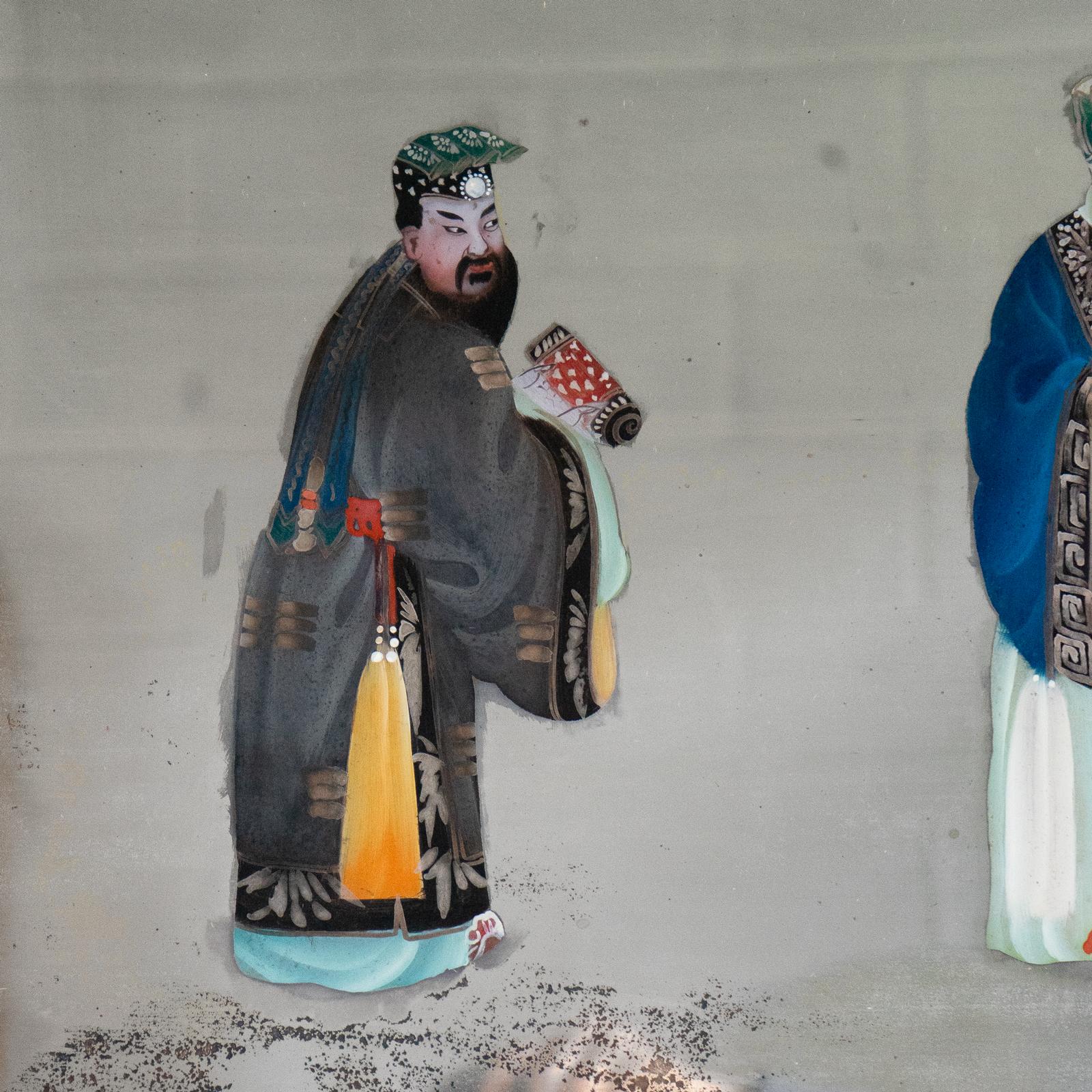 Grand miroir antique chinois d'exportation peint à l'envers, peinture sur verre 19e siècle en vente 1