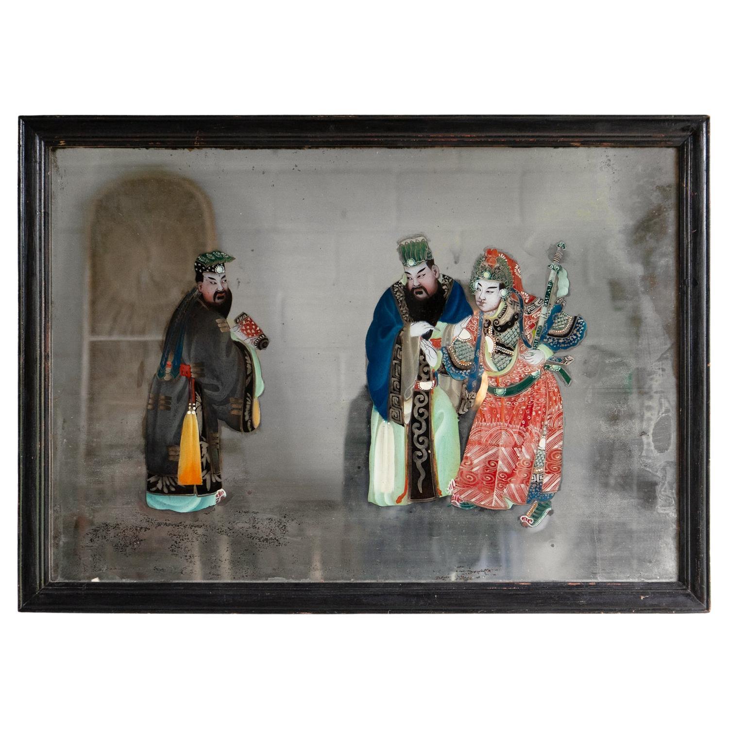 Large Antique Chinese Export Reverse Painted Mirror, Glass Painting 19th Century
