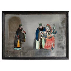 Large Antique Chinese Export Reverse Painted Mirror, Glass Painting 19th Century