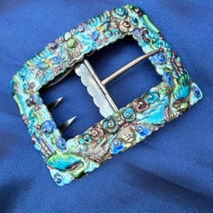 Large Antique Chinese Export Silver Enamel Peacock Buckle Floral Motifs Signed