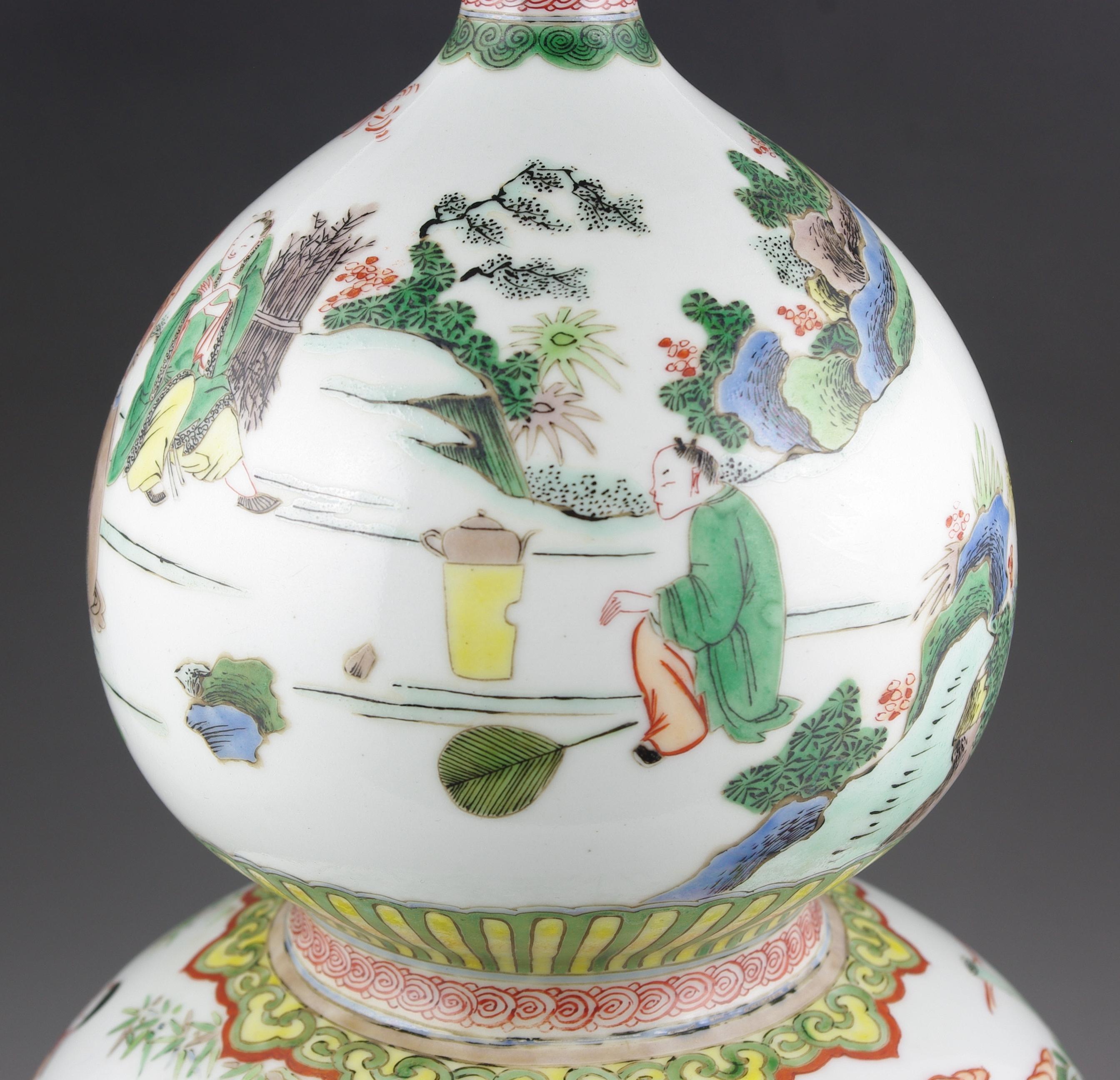Grand vase double gourde en porcelaine chinoise ancienne Famille Rose Fencai, 19e siècle Qing en vente 6