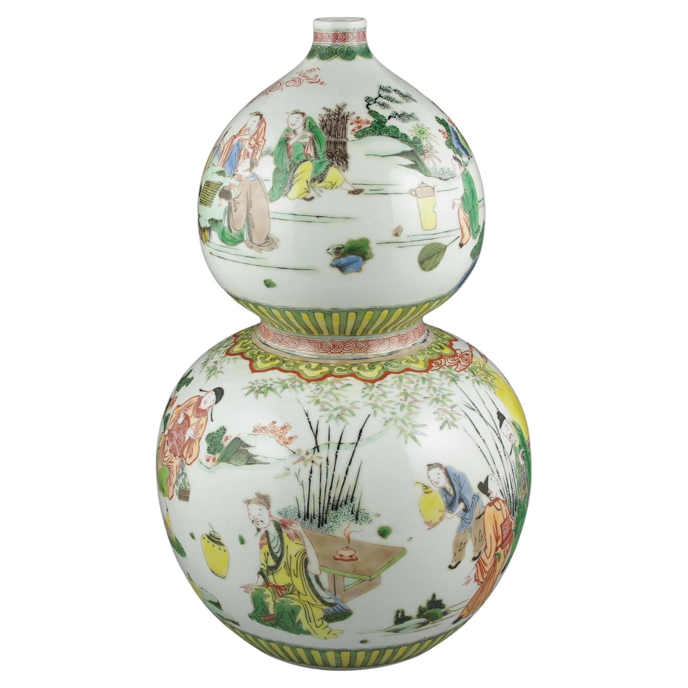 Chinois Grand vase double gourde en porcelaine chinoise ancienne Famille Rose Fencai, 19e siècle Qing en vente