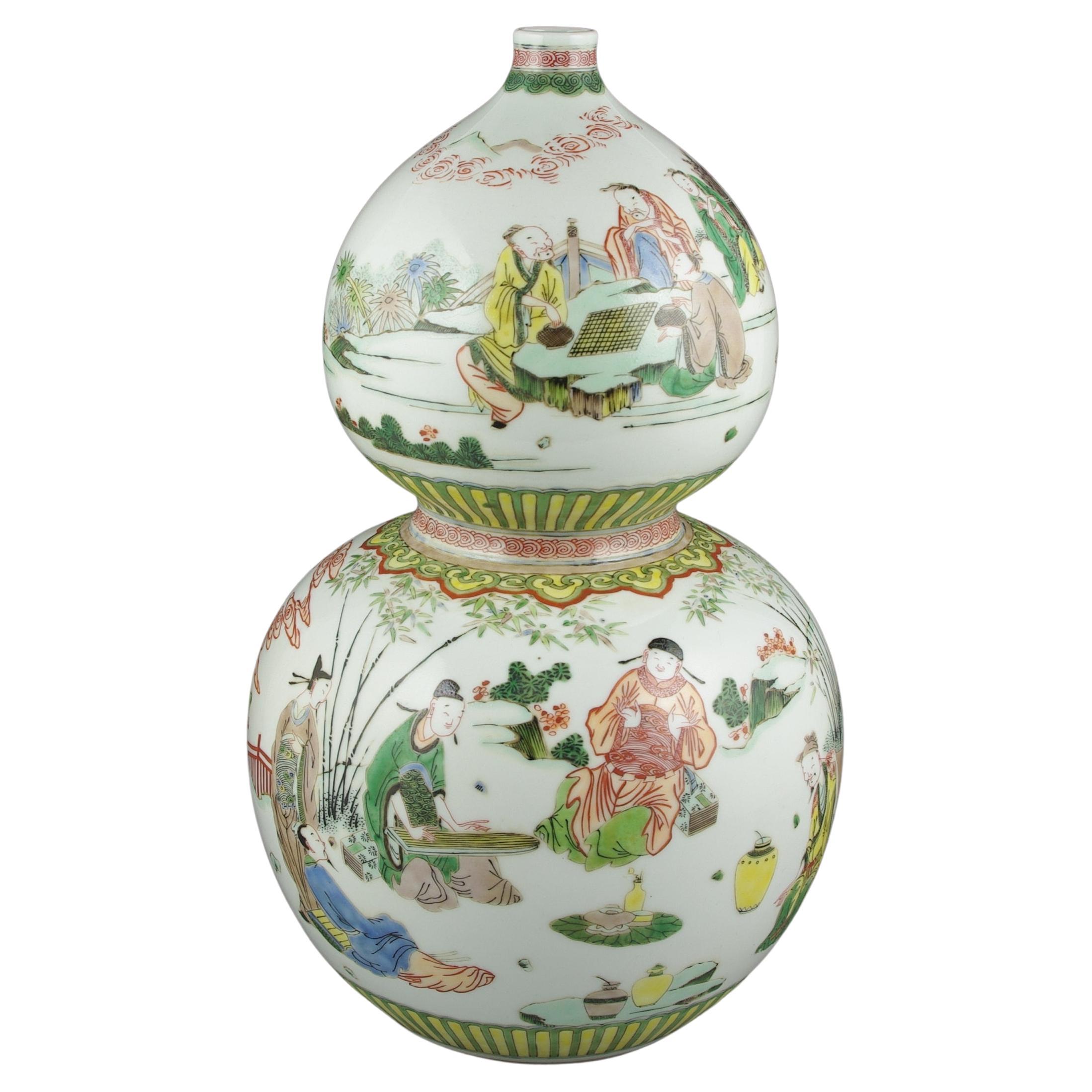 Grand vase double gourde en porcelaine chinoise ancienne Famille Rose Fencai, 19e siècle Qing Bon état - En vente à Richmond, CA