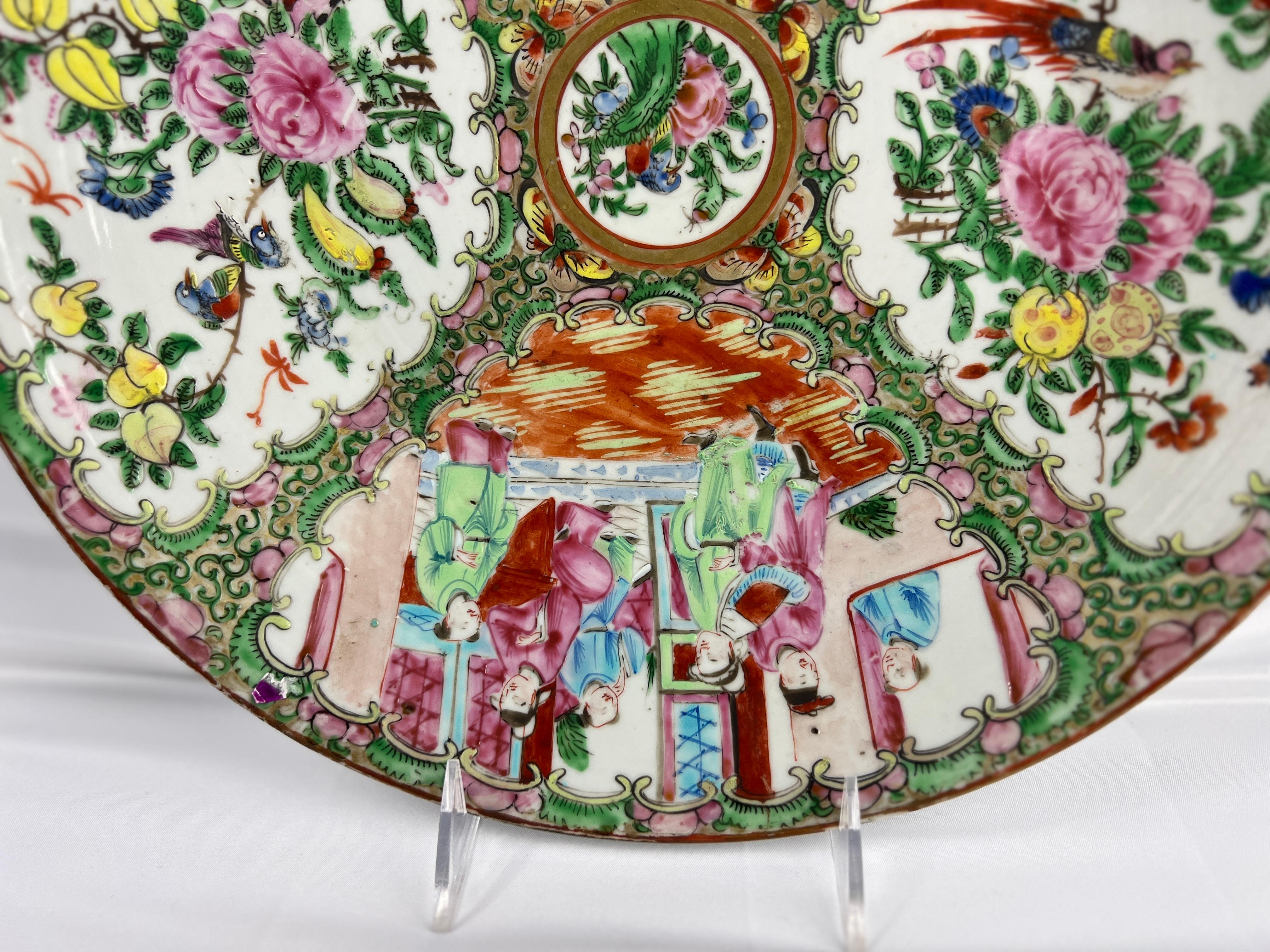 Plato grande antiguo de porcelana china Famille Rose Medallion 13.5