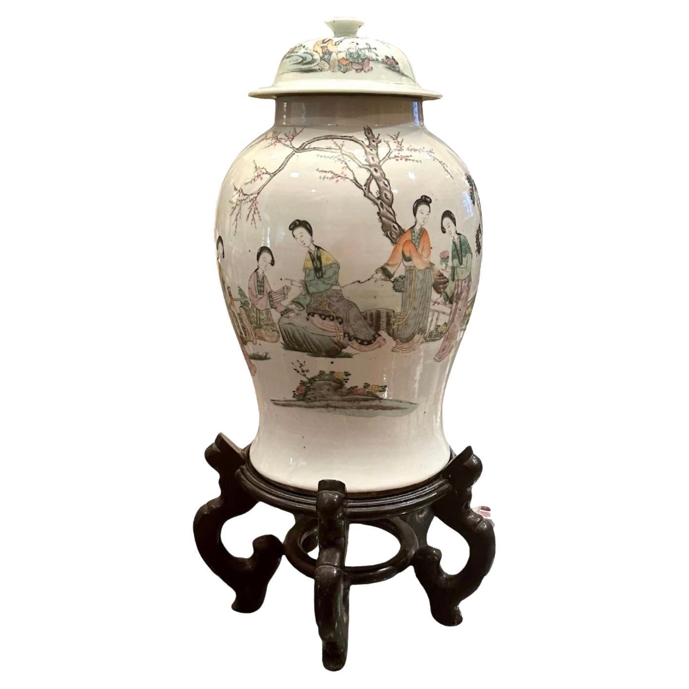 Large Antique Chinese Famille Rose Porcelain Baluster Vase Temple Jar.