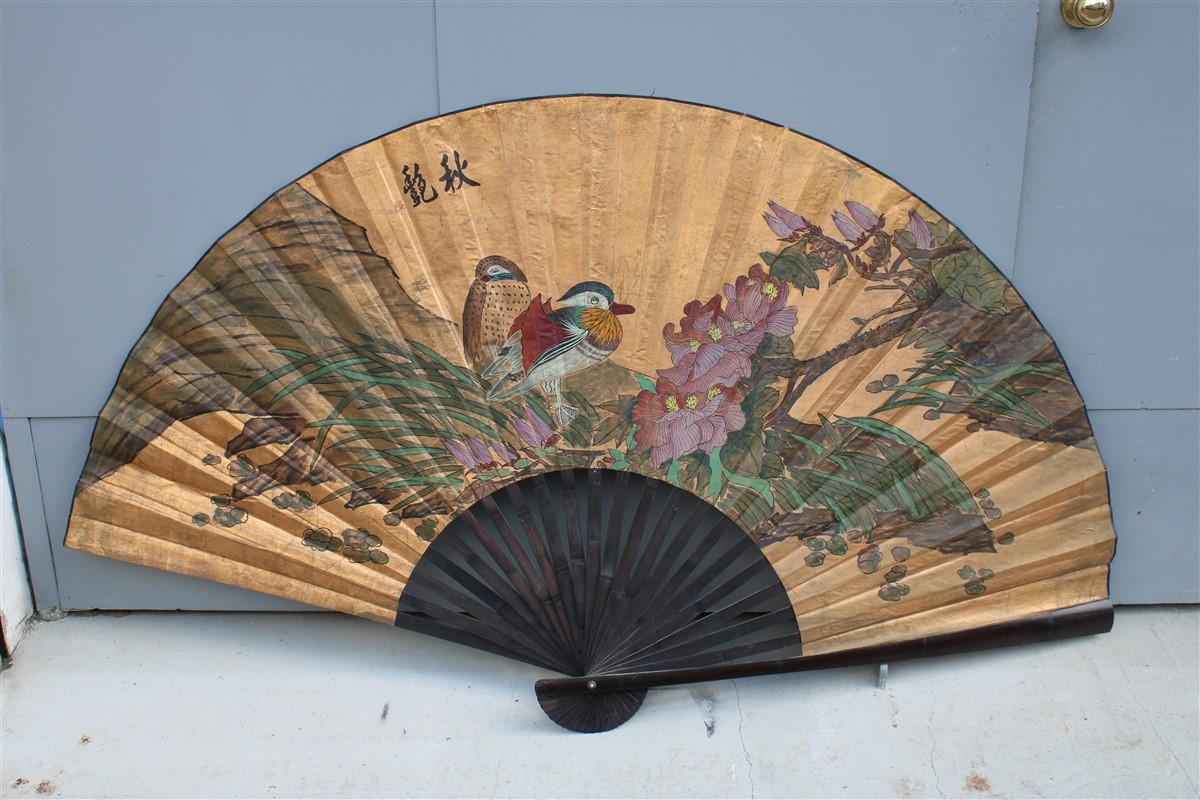 Large Antique Chinese fan Painted Entirely by Hand 1940 China Ducks Flower.