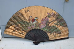 Large Antique Chinese Fan Painted Entirely by Hand 1940 China Ducks Flower