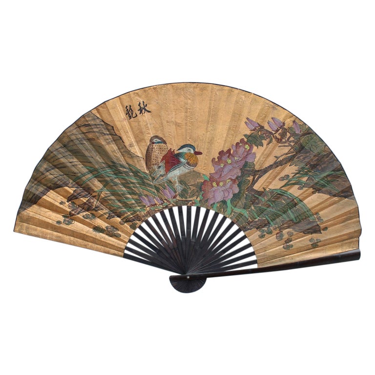 Éventail Japonais Ancien Peint Main, Feuille D'or Recto-verso, Avec Support Bois