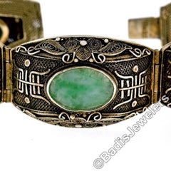 Large Antique Chinese Gilt Sterling Silver Oval Jade Filigree Statement Bracelet