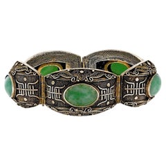 Large Antique Chinese Gilt Sterling Silver Oval Jade Filigree Statement Bracelet