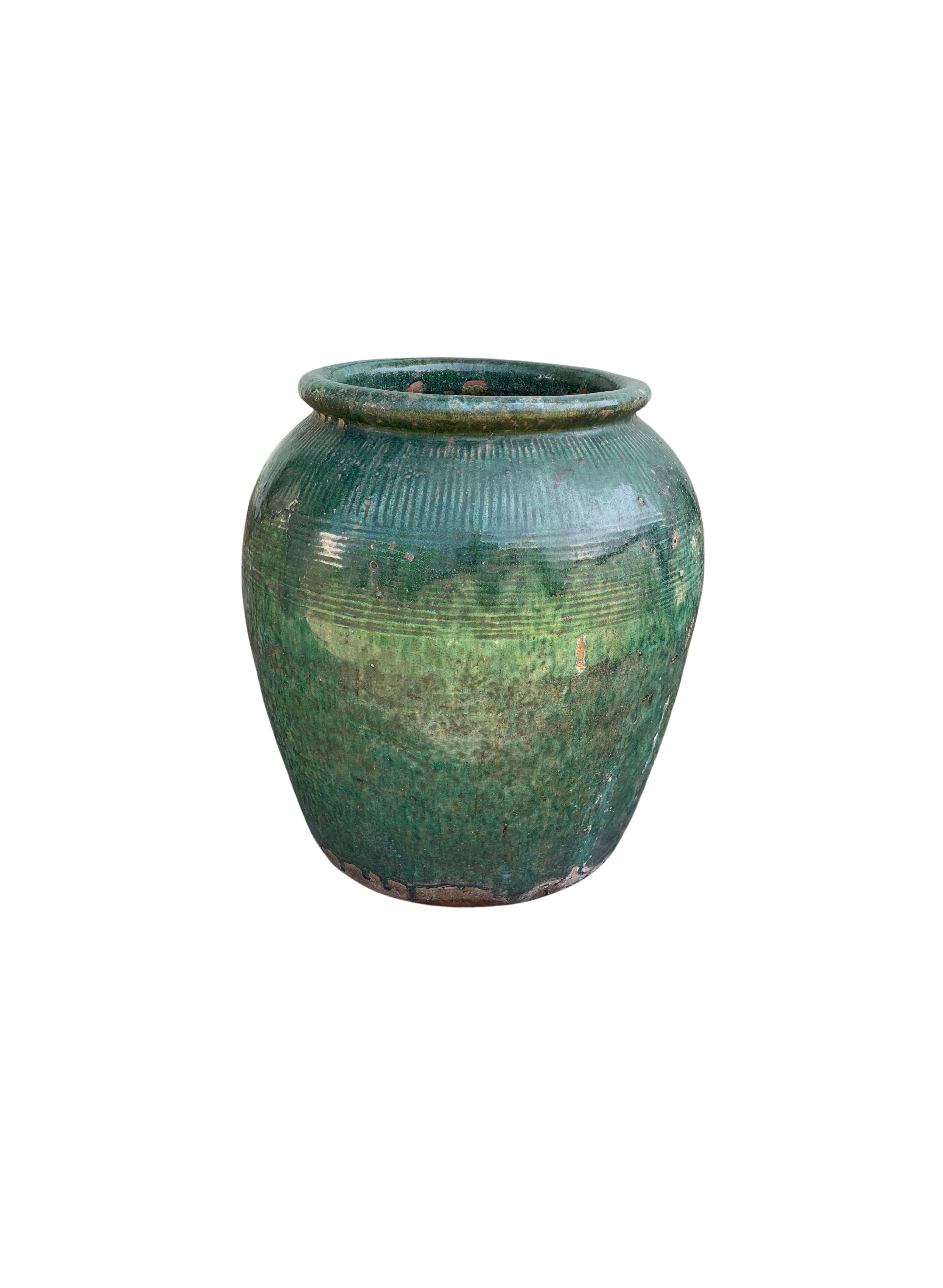 Qing Antique Chinese Green Glazed Ceramic Soy Sauce Jar, c. 1900 For Sale