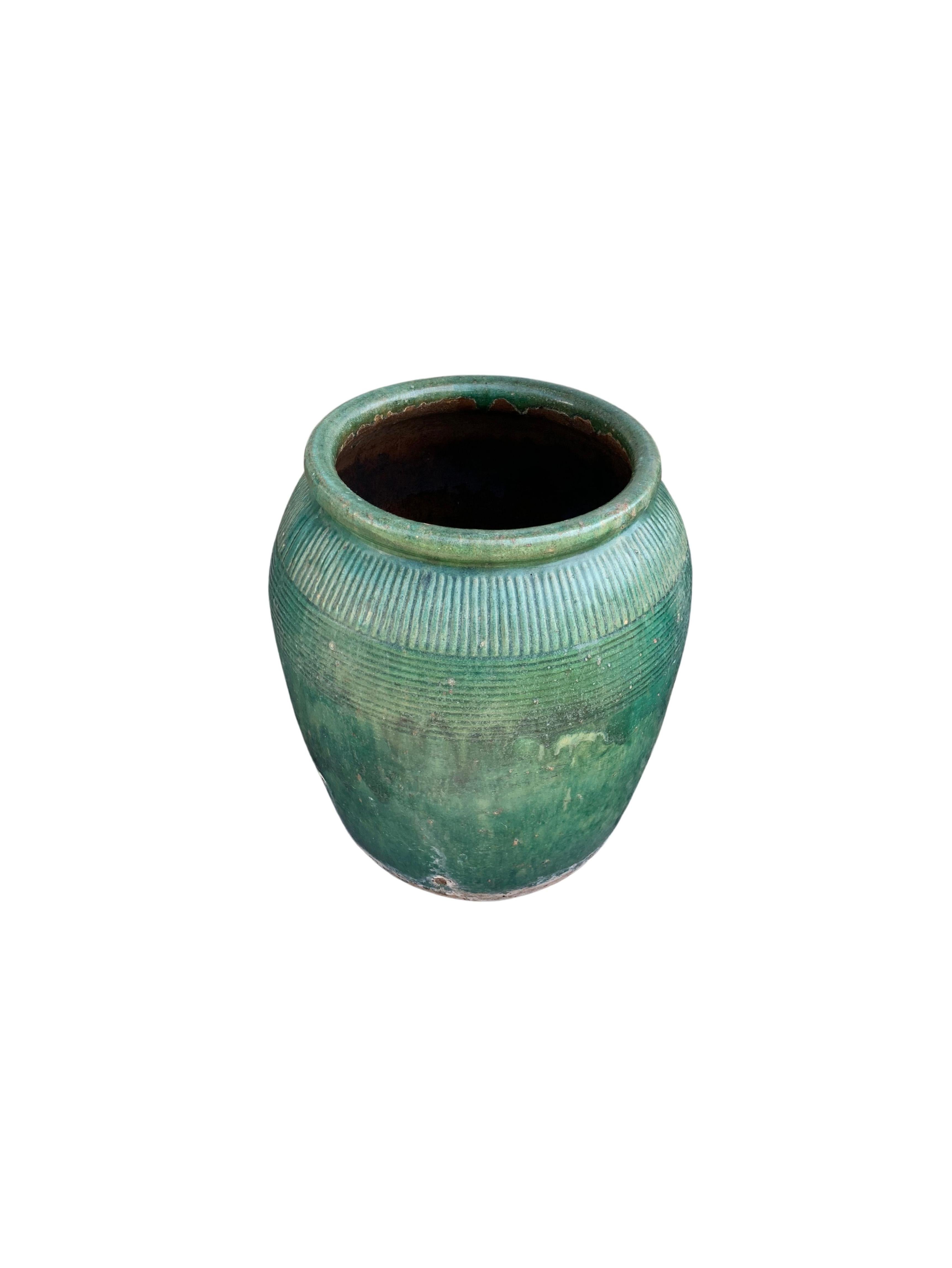 20th Century Antique Chinese Green Glazed Ceramic Soy Sauce Jar, c. 1900 For Sale