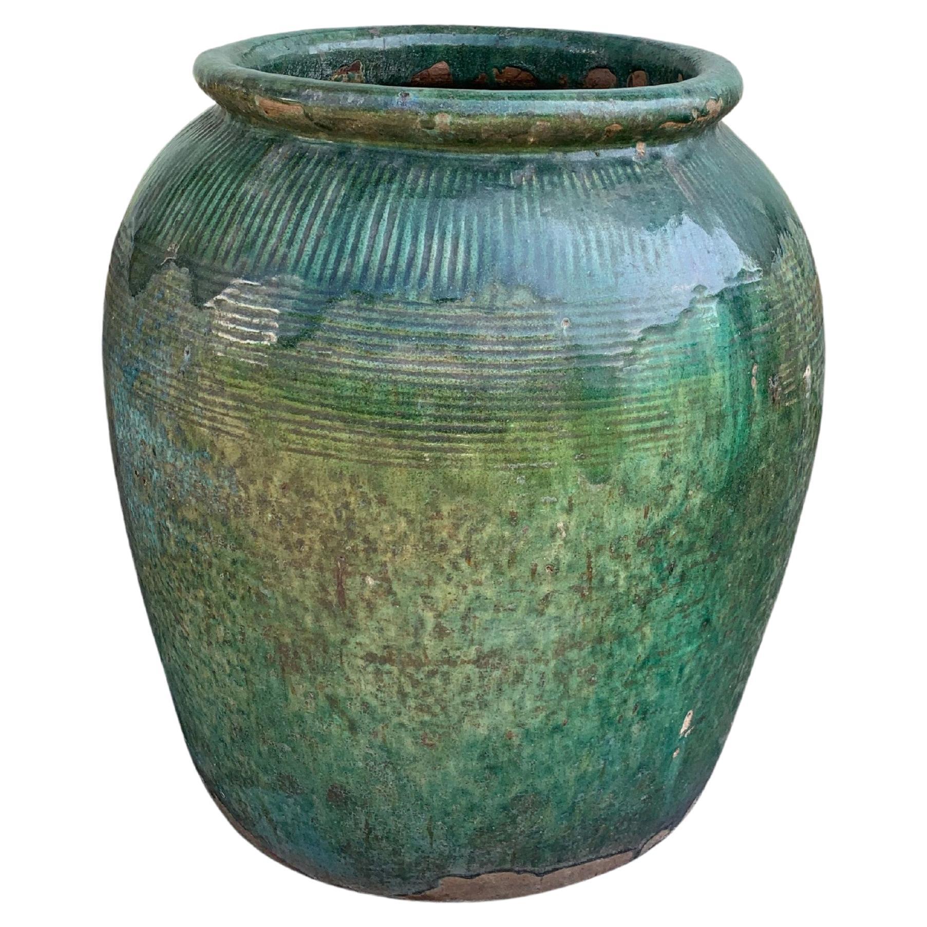 Large Chunky Green Glazed Ceramic Rustic Urn Vase Dutch Plant Pot Planter 