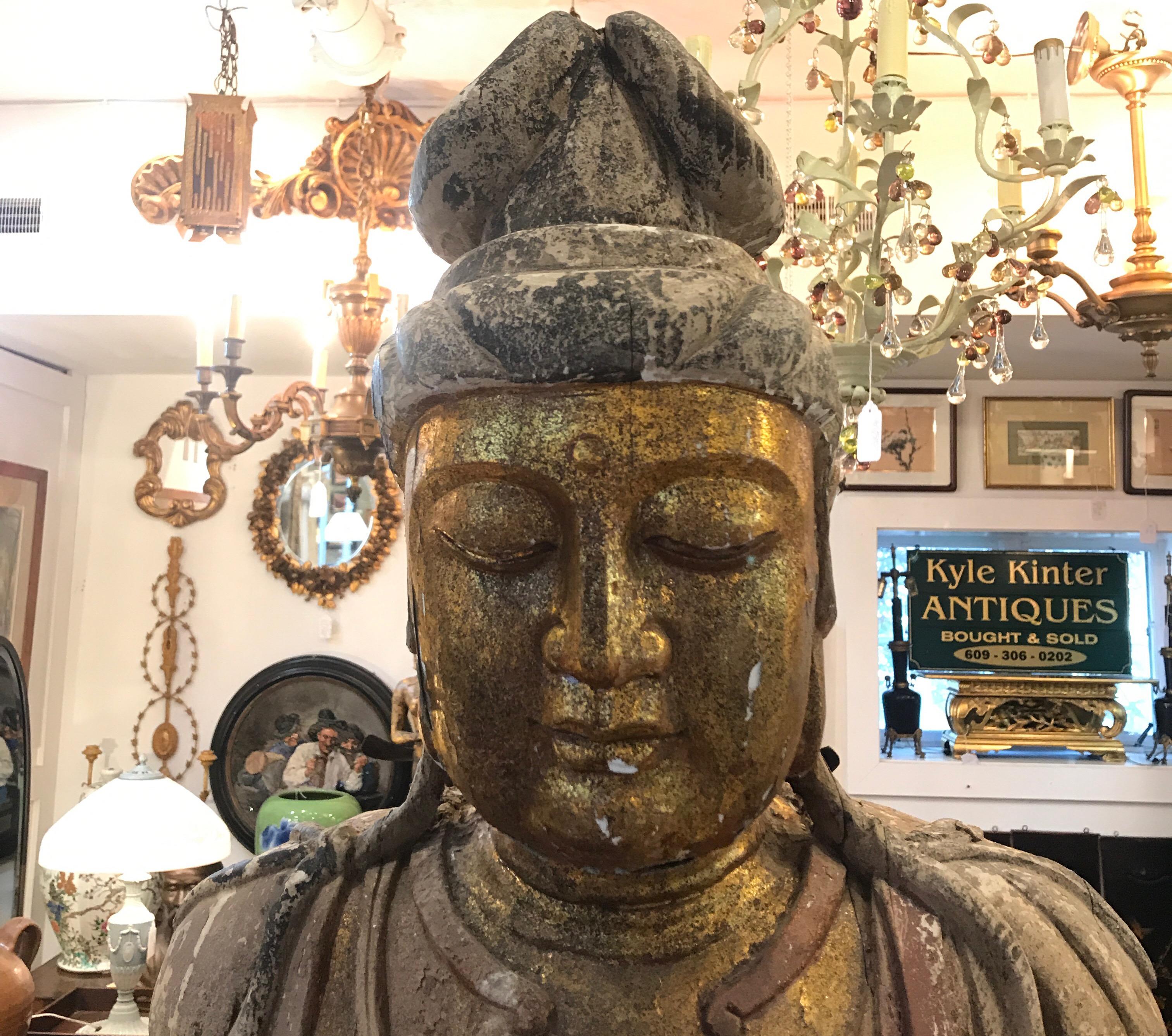 Large Antique Chinese Hand Carved Buddha In Fair Condition In Lambertville, NJ