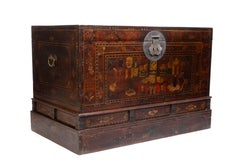 Large Antique Chinese hand-Painted And Lacquered Elm Trunk Blanket Chest