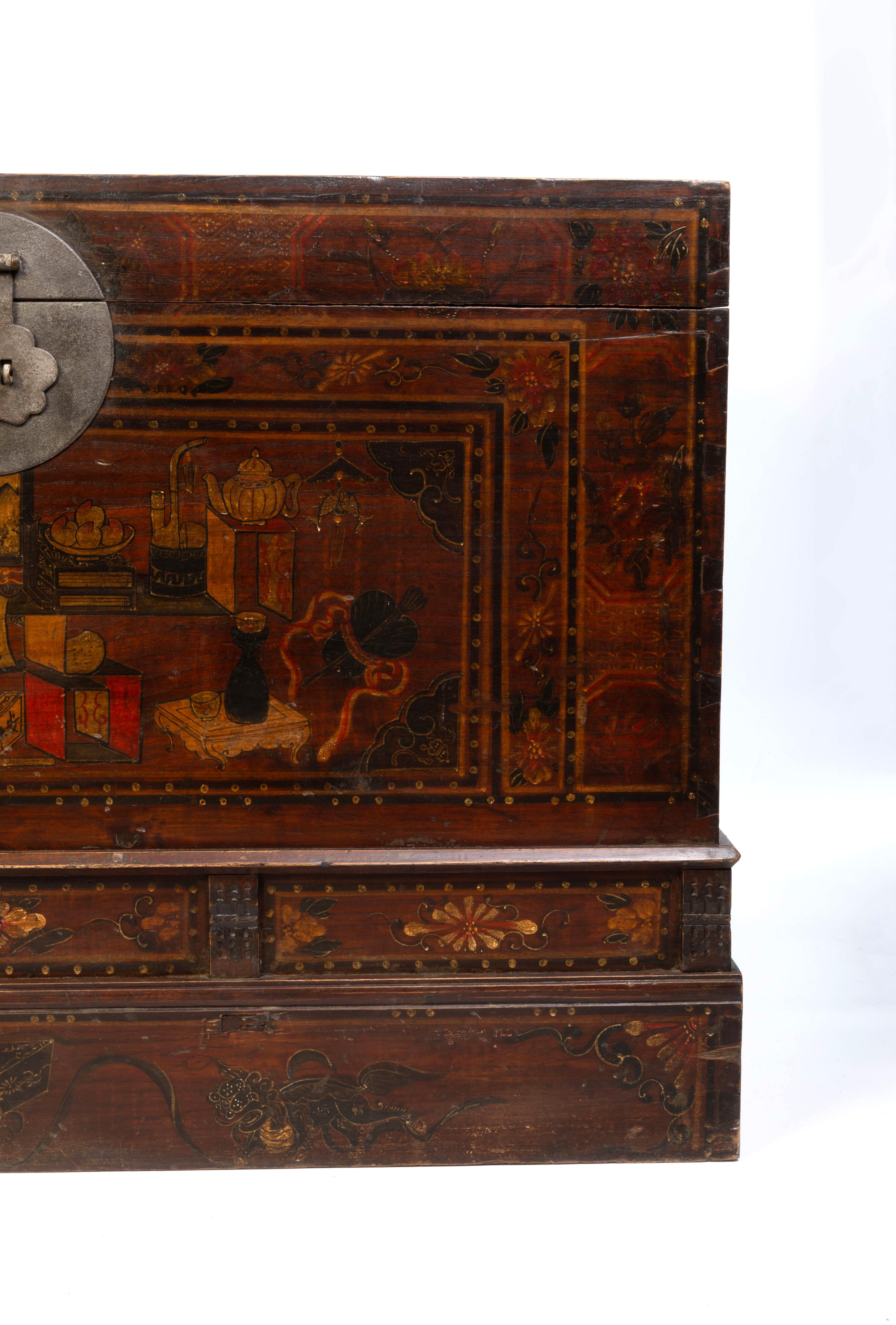 Iron Large Antique Chinese hand-Painted And Lacquered Elm Trunk Blanket Chest For Sale