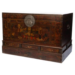 Large Antique Chinese hand-Painted And Lacquered Elm Trunk Blanket Chest