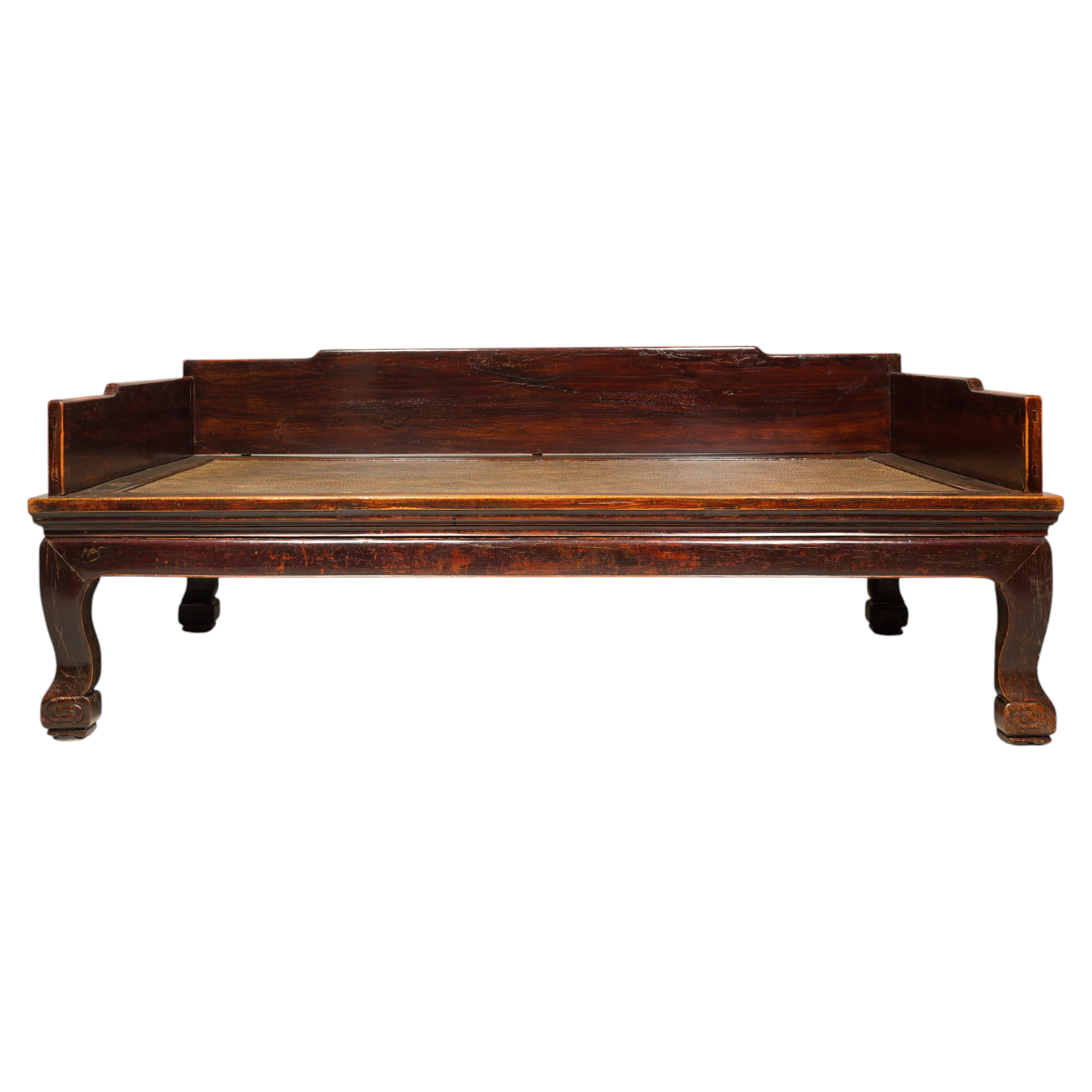 Large Antique Chinese Hardwood Daybed with Woven Rattan Platform