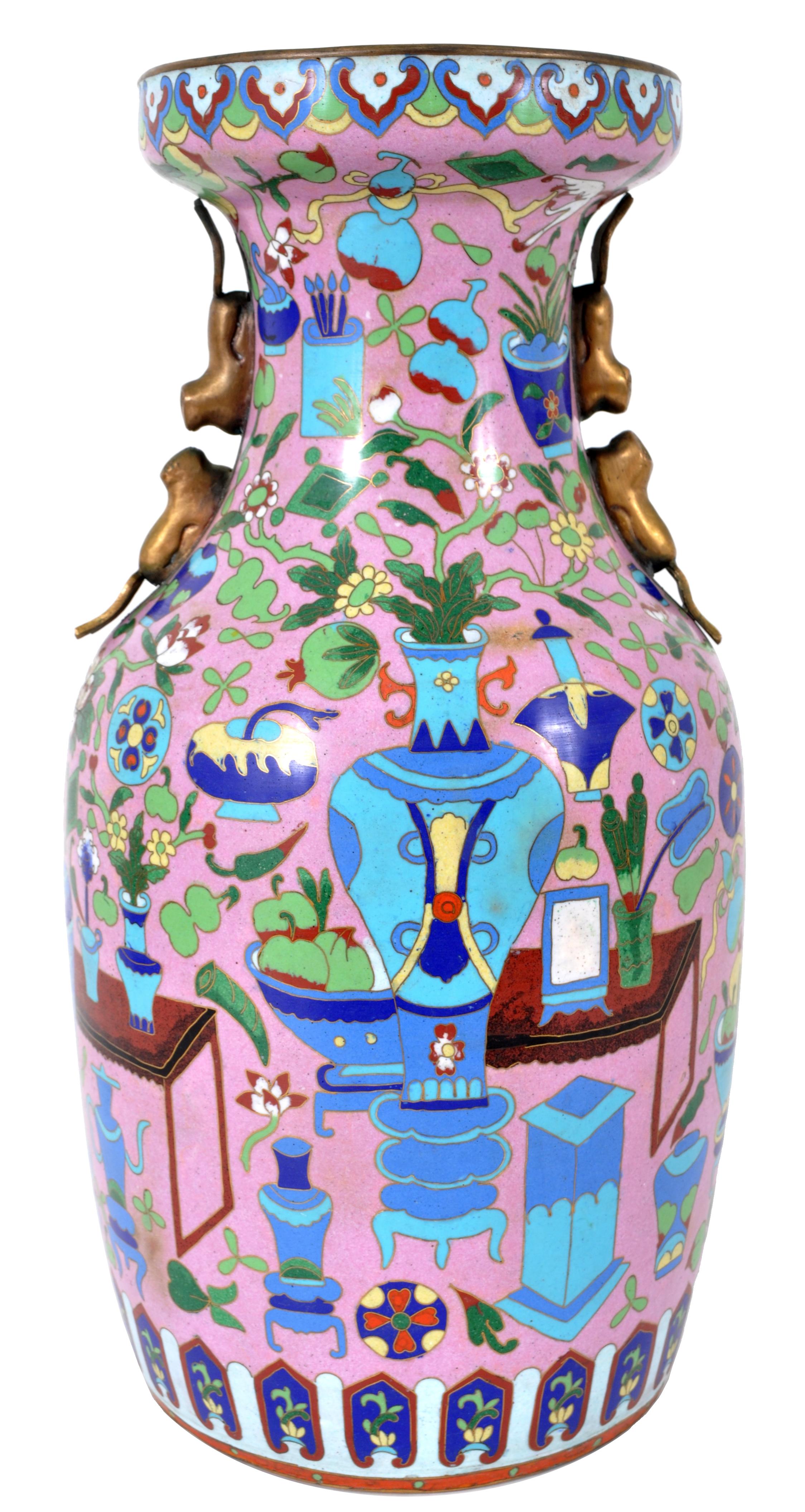 Qing Large Antique Chinese 'Hundred Treasures' Cloisonne Vase Republic Period 1920