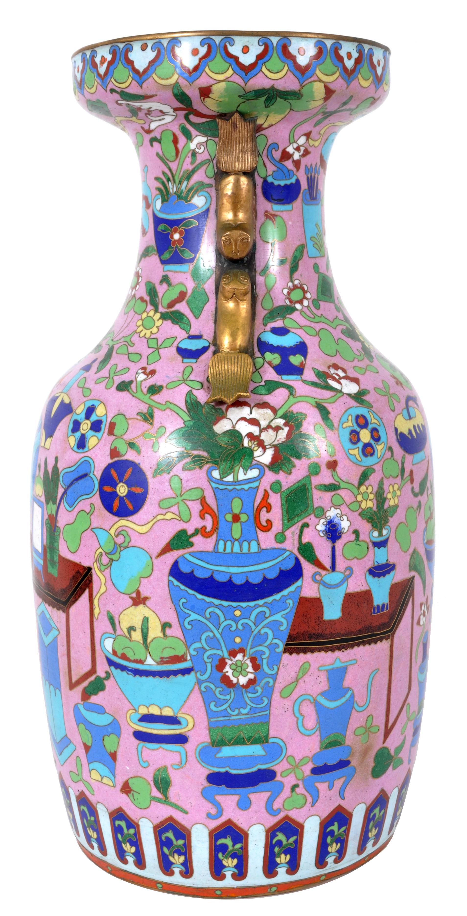 Large Antique Chinese 'Hundred Treasures' Cloisonne Vase Republic Period 1920 In Good Condition In Portland, OR