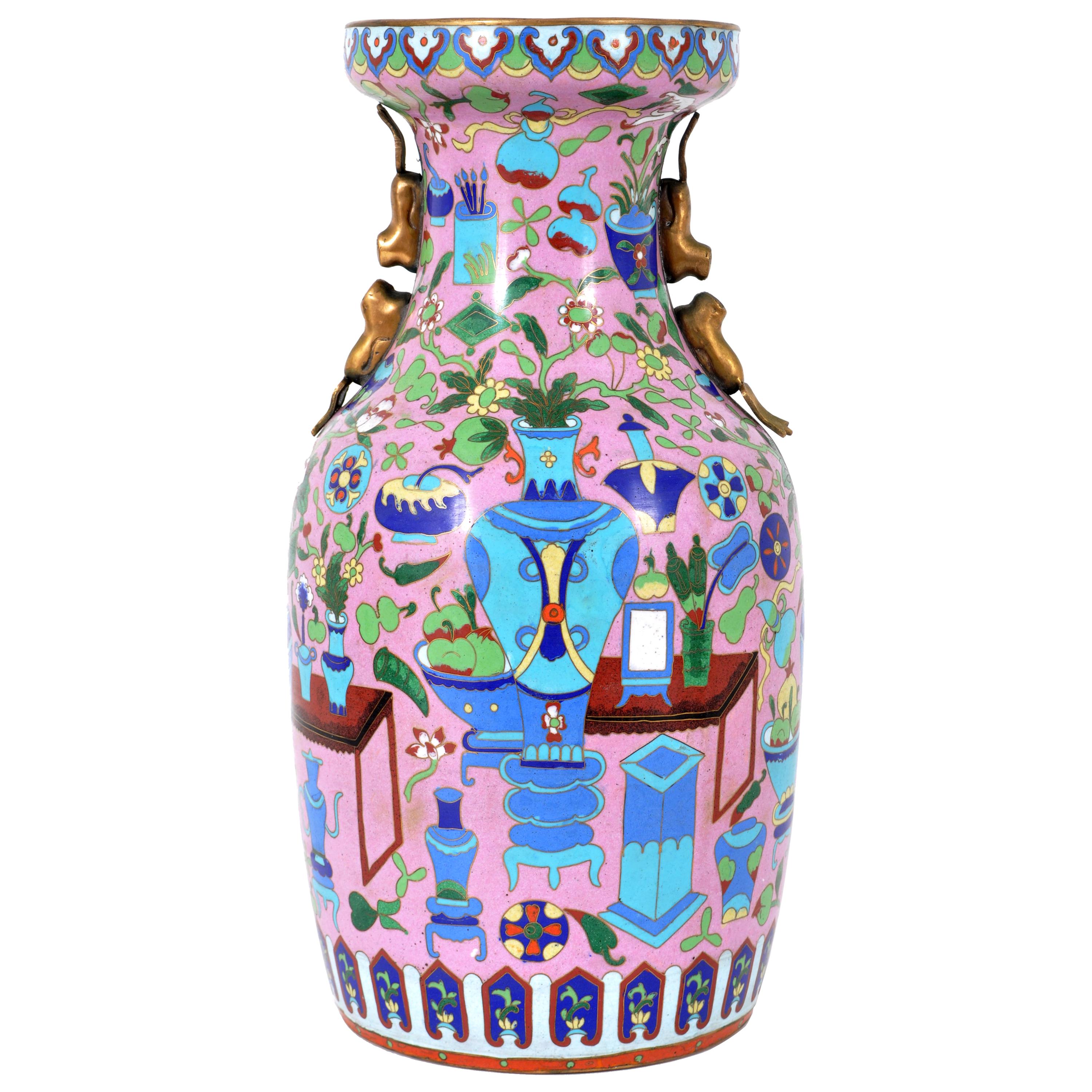 Large Antique Chinese 'Hundred Treasures' Cloisonne Vase Republic Period 1920