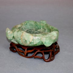 Large Antique Chinese Jadeite Gemstone Center Bowl on Carved Hardwood Base