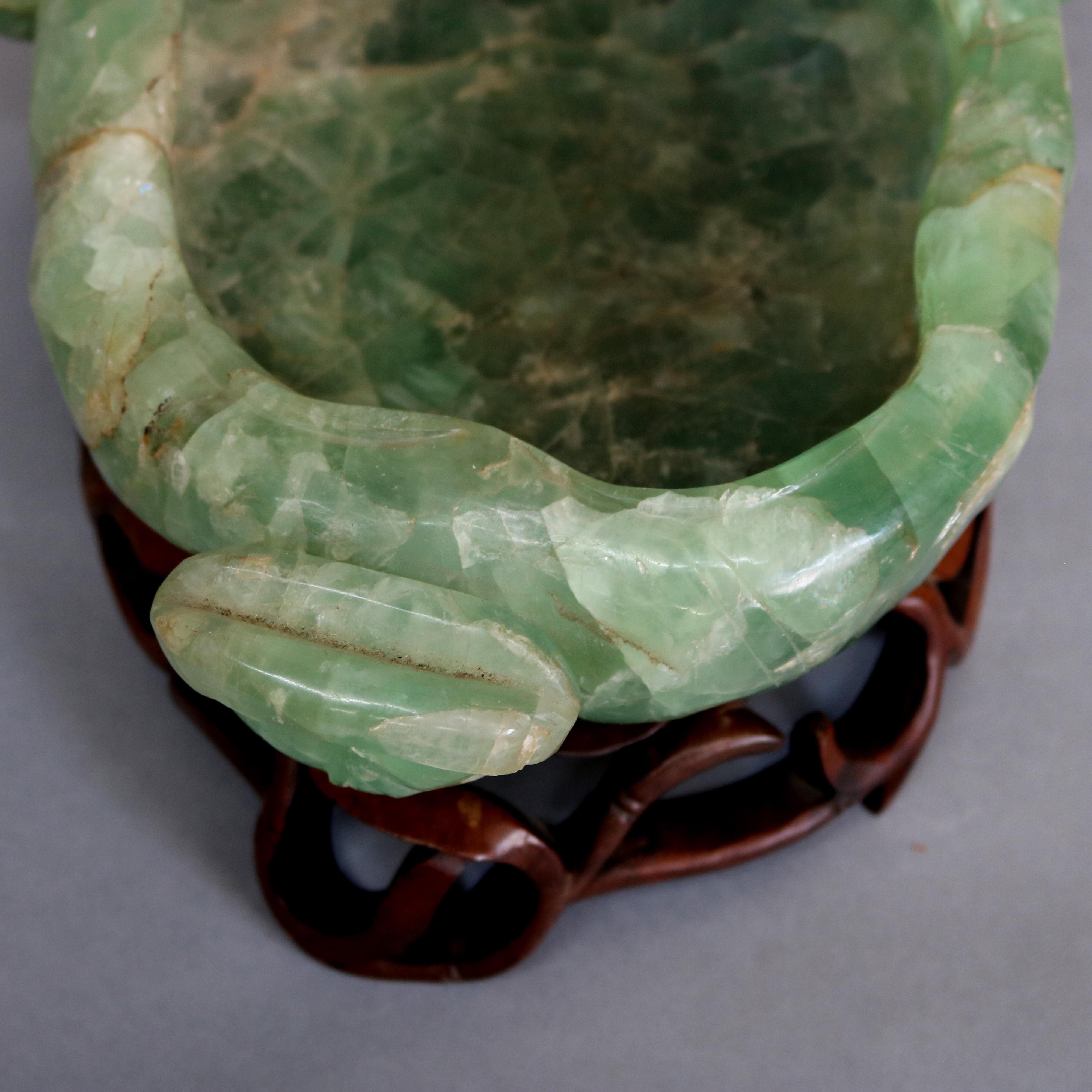 20th Century Large Antique Chinese Jadeite Gemstone Center Bowl on Carved Hardwood Base