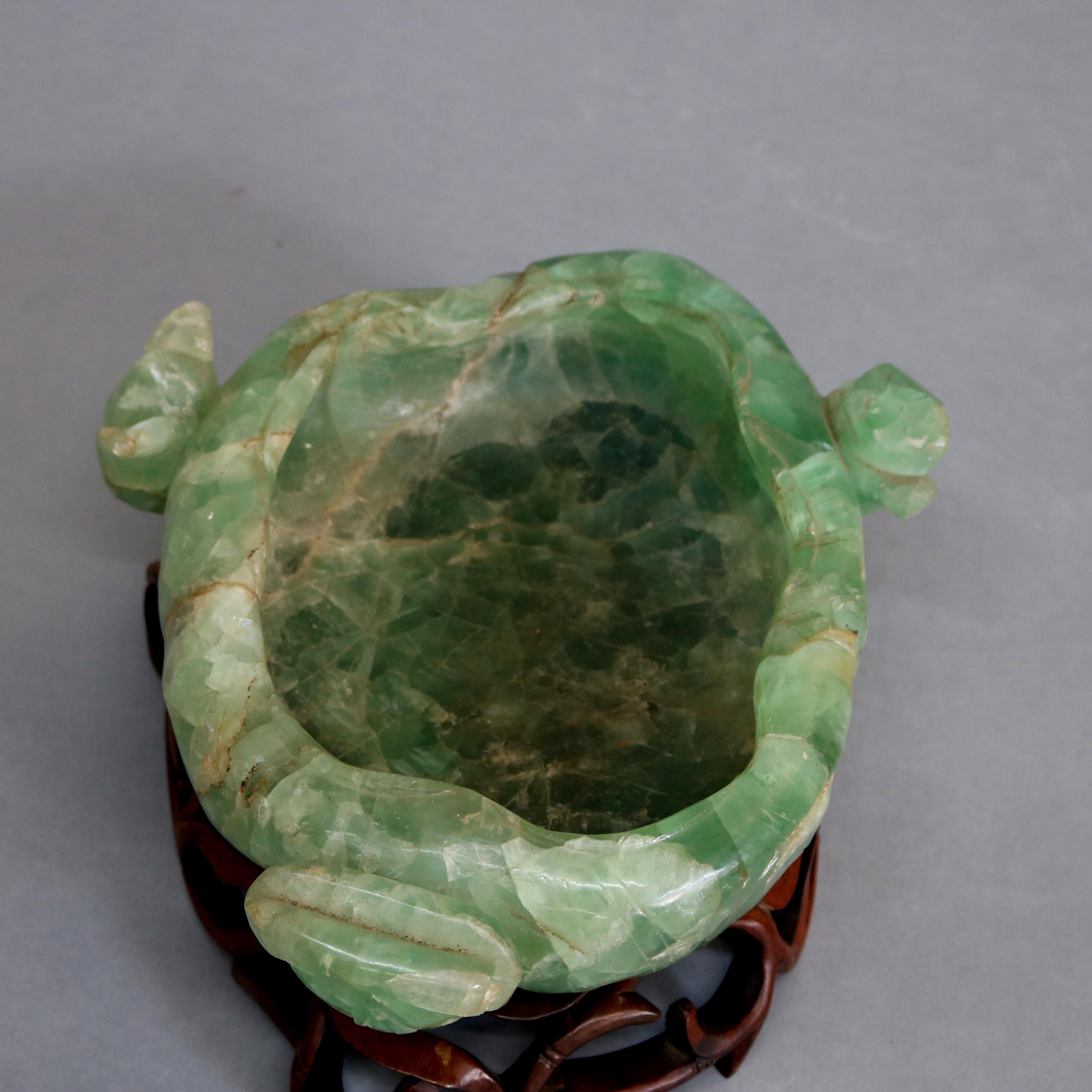 Large Antique Chinese Jadeite Gemstone Center Bowl on Carved Hardwood Base 1