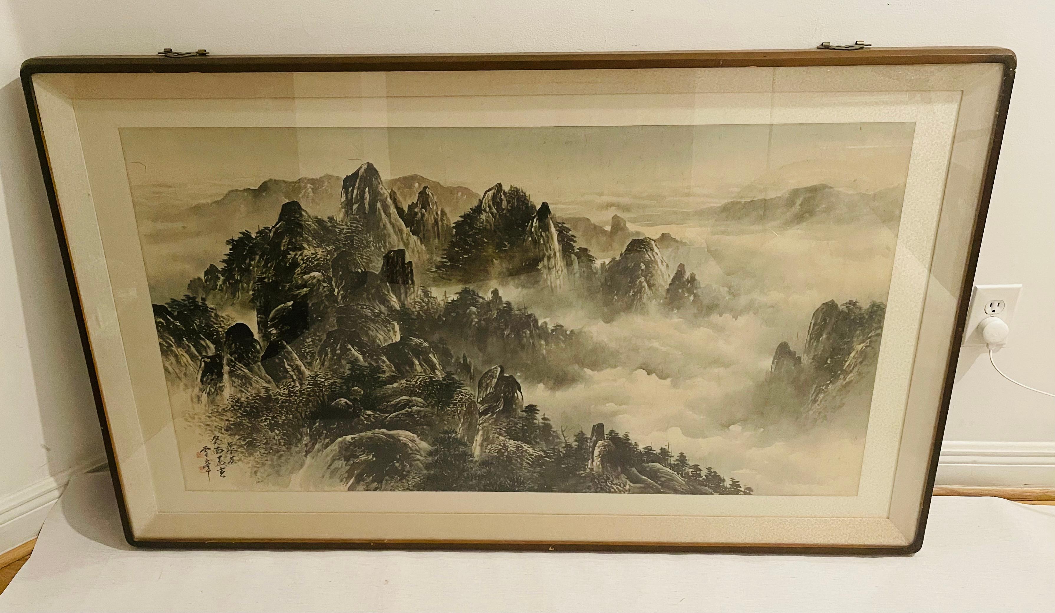 Grande peinture ancienne de paysage chinois, signée et encadrée sous verre. Technique mixte sur papier, aquarelle, encre et gouache. 