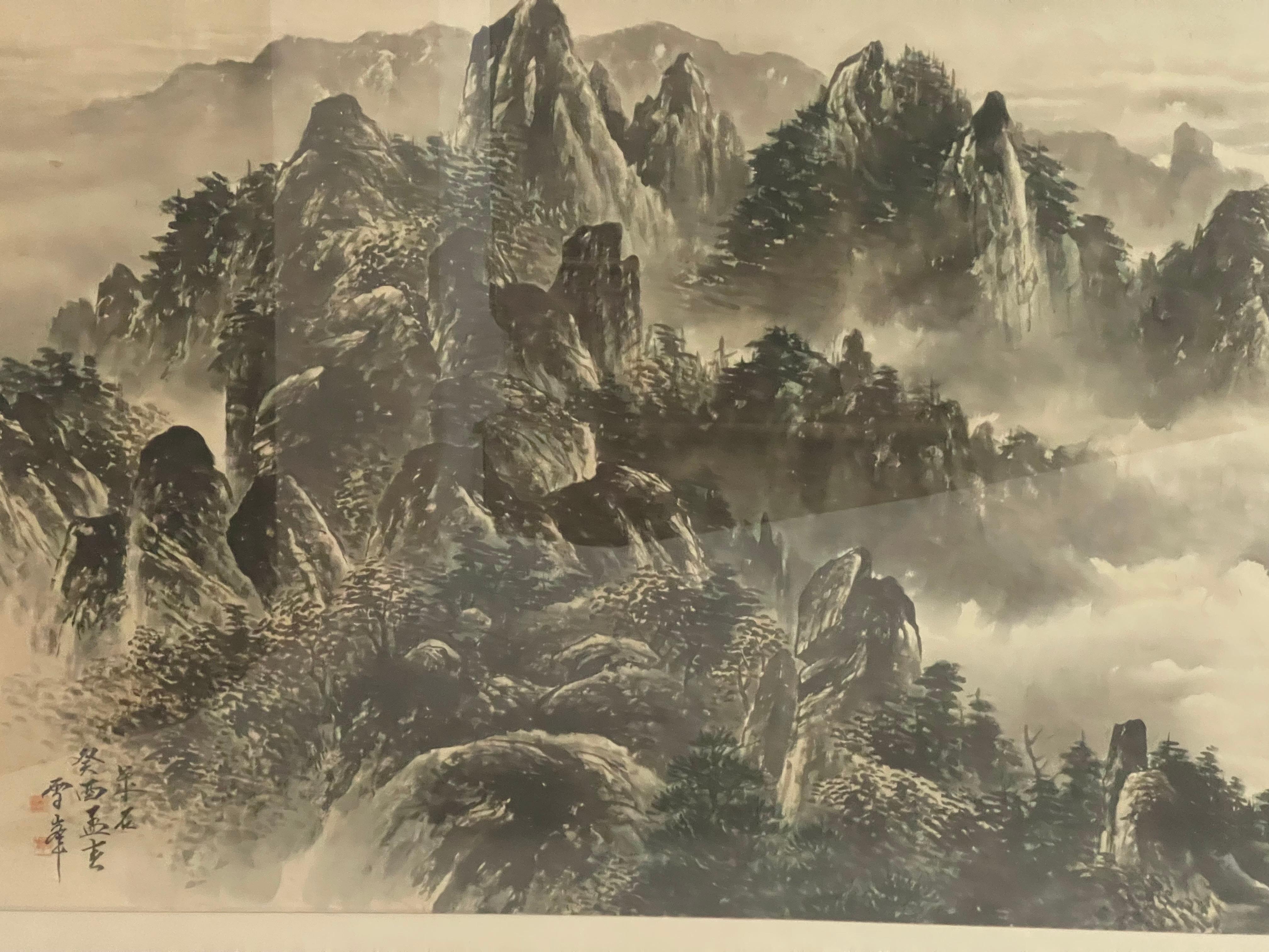 Chinois Grande peinture aquarelle ancienne de paysage chinois en vente