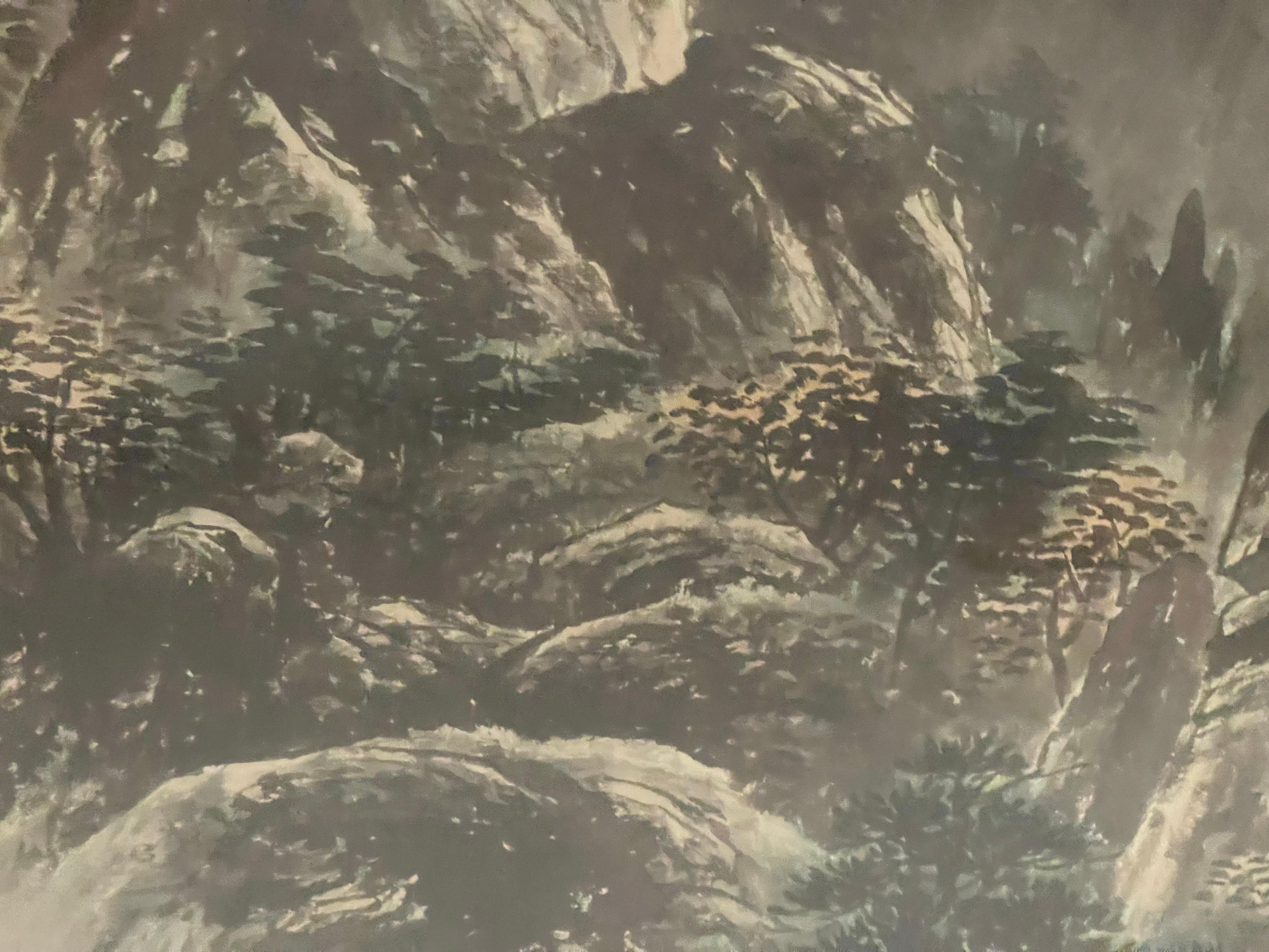 Grande peinture aquarelle ancienne de paysage chinois en vente 1
