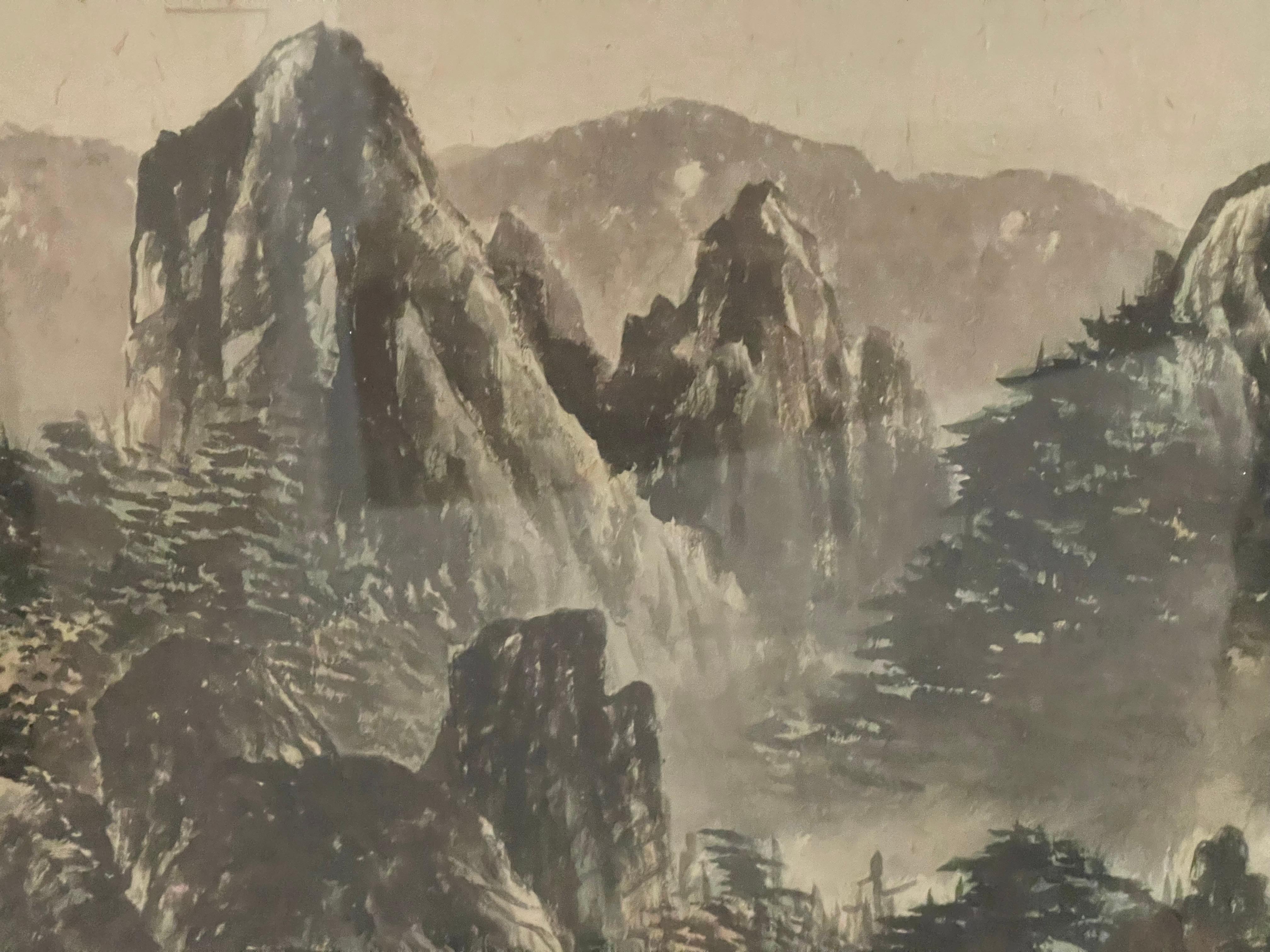 Grande peinture aquarelle ancienne de paysage chinois en vente 2