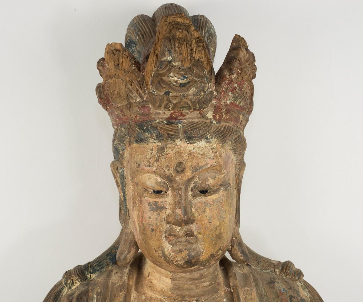 Large Antique Chinese Ming Dynasty Hand-Carved Wood Quan Yin In Distressed Condition In Laguna Beach, CA