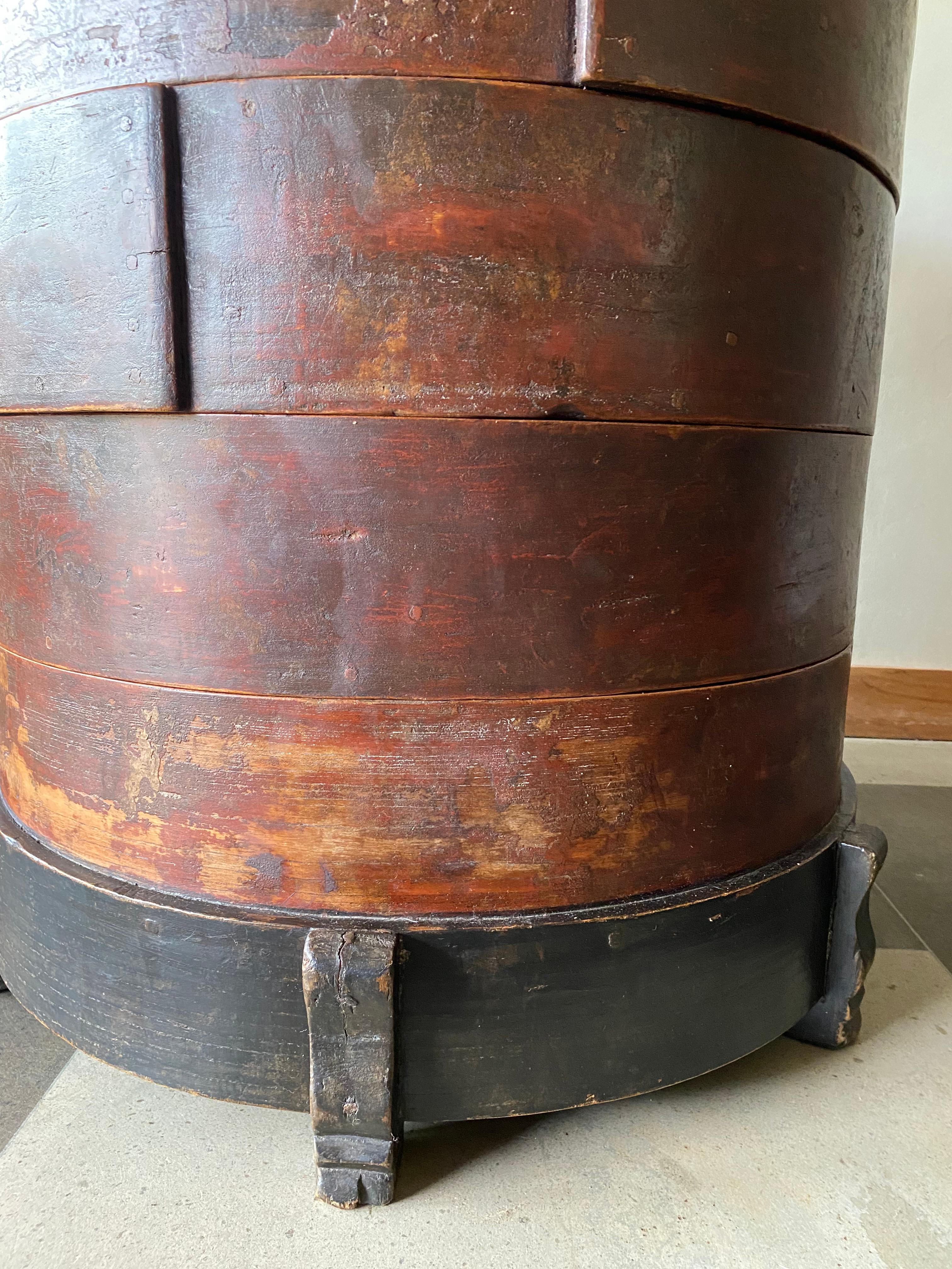 Antique Chinese Round Table, Lacquer Multilayered Bao Container For Sale 1