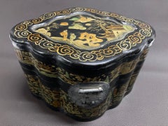 Large Antique Chinese Octagonal Black Lacquered Gilt Painted Covered Box 1940s