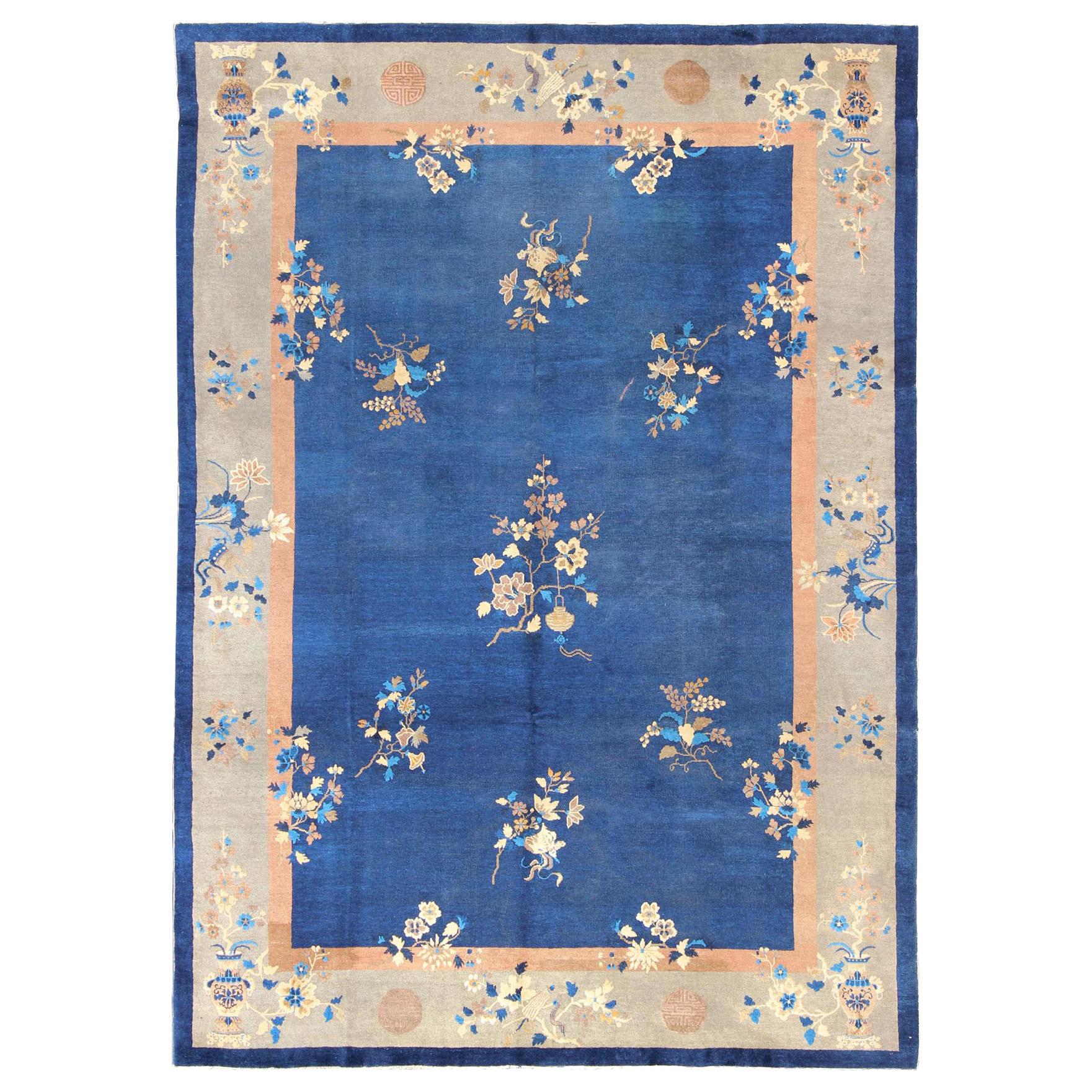 Large Antique Chinese Pecking Rug with Flowers and Vases in Navy Blue and Tan For Sale