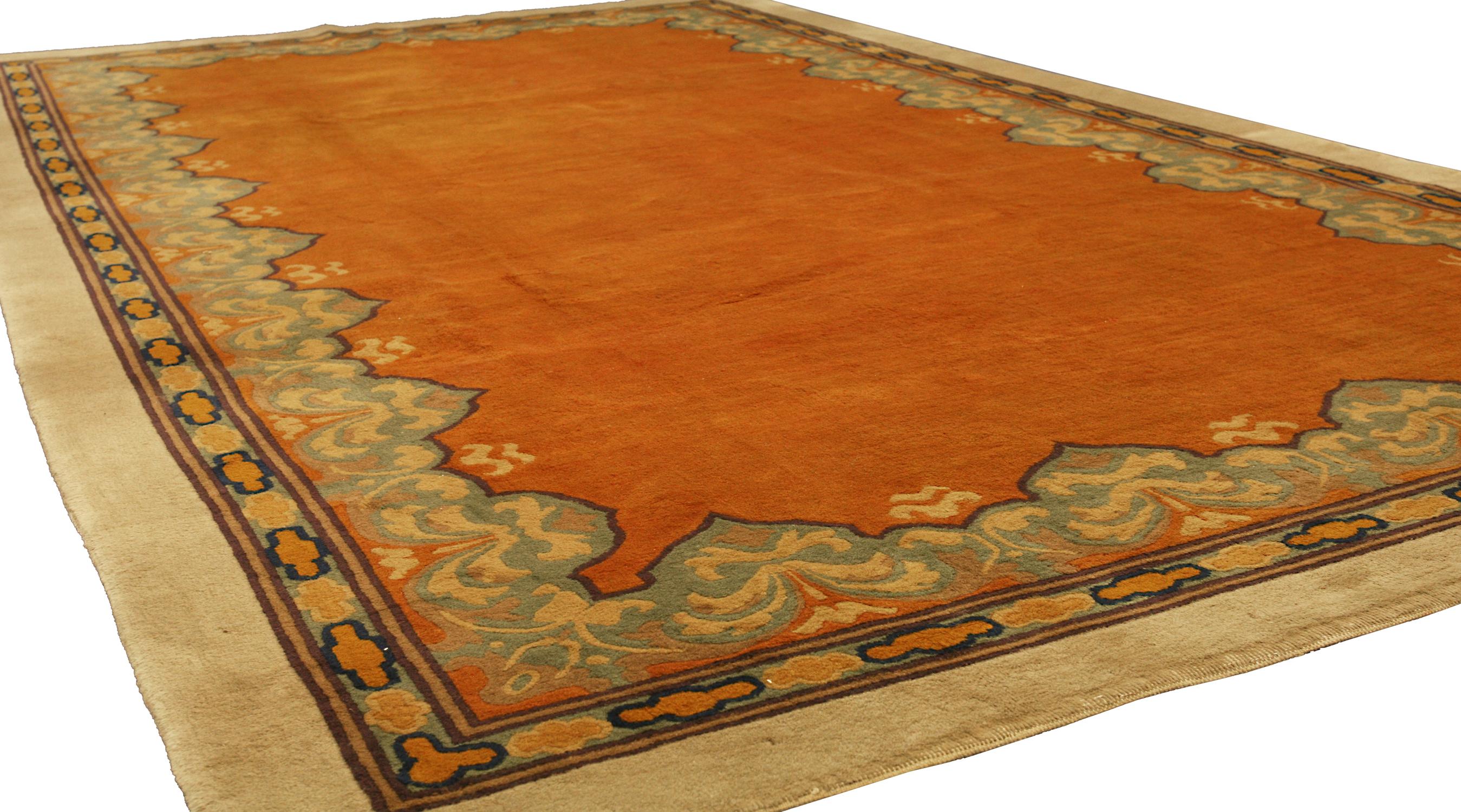 This is a Peking rug from northeast China and it was woven circa 1900 and measures 402 X 240 CM. The design of this rug is highly Minimalist as the field does not have any design; it only has an Art Deco stylized border. This rug is in full pile