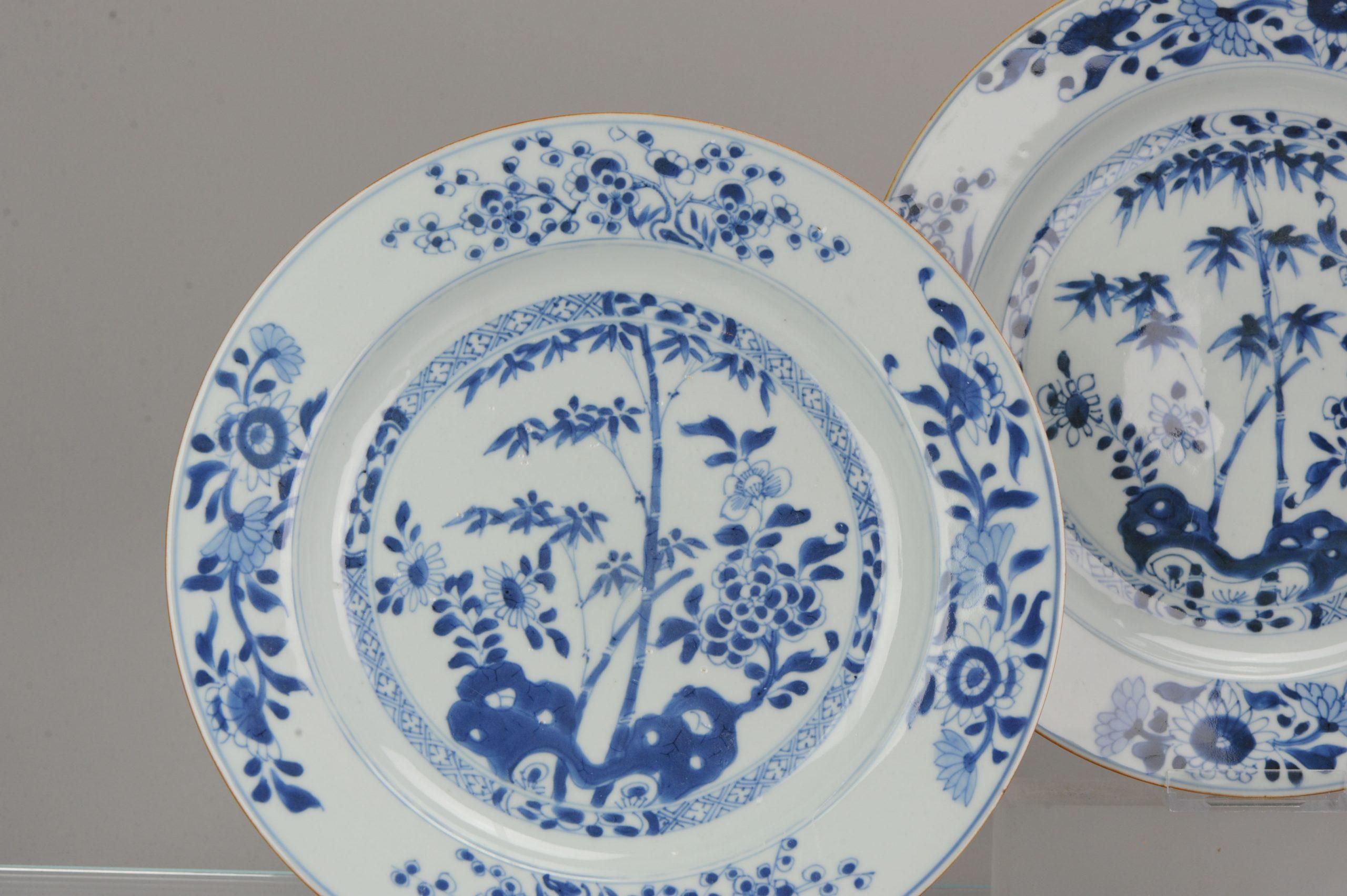 Large Antique Chinese Porcelain 18th C Kangxi Period Blue White Dinner Plates 1