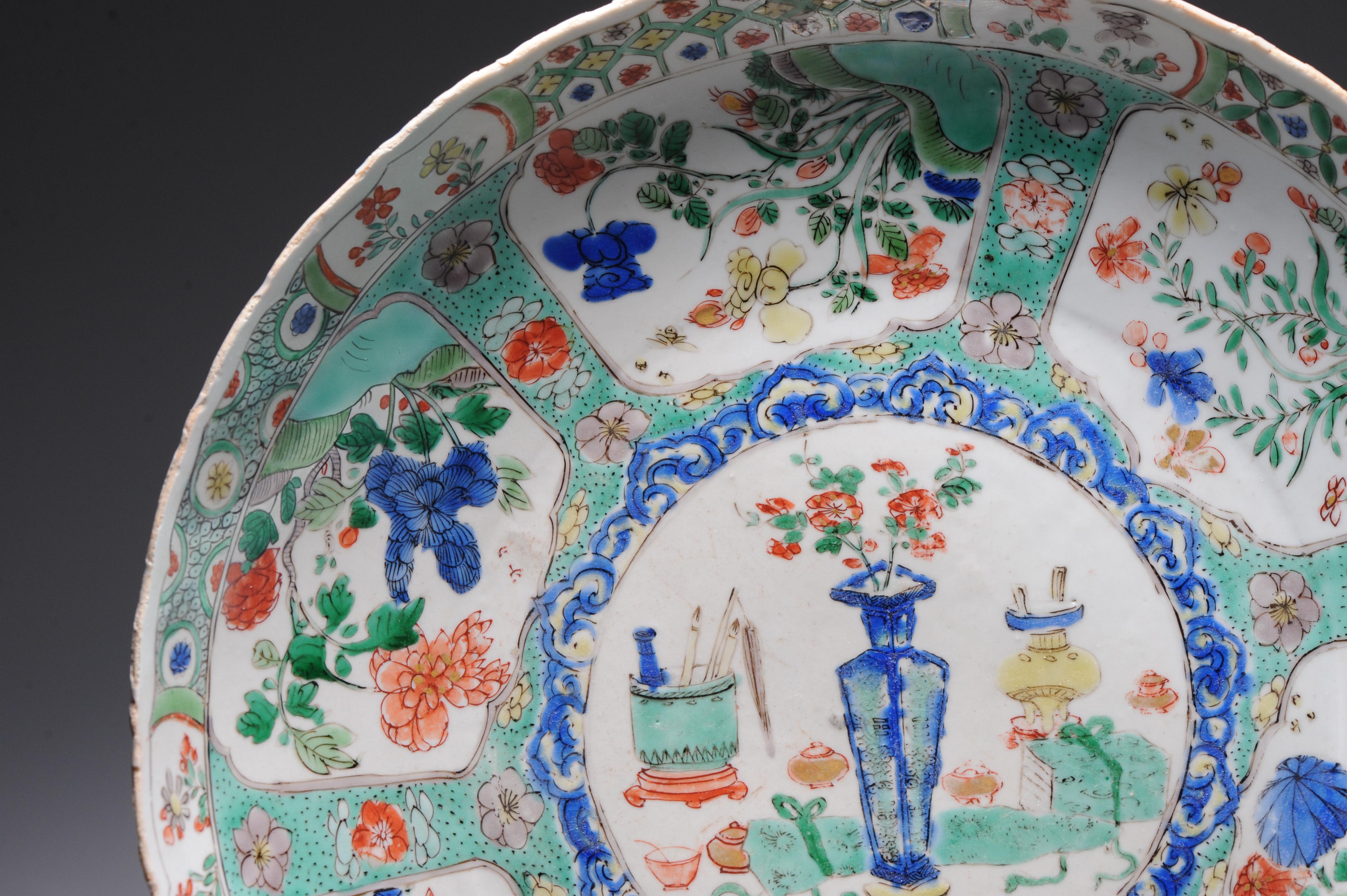 Large Antique Chinese Porcelain Famille Verte Dish Flowers Landscape Kangxi For Sale 6