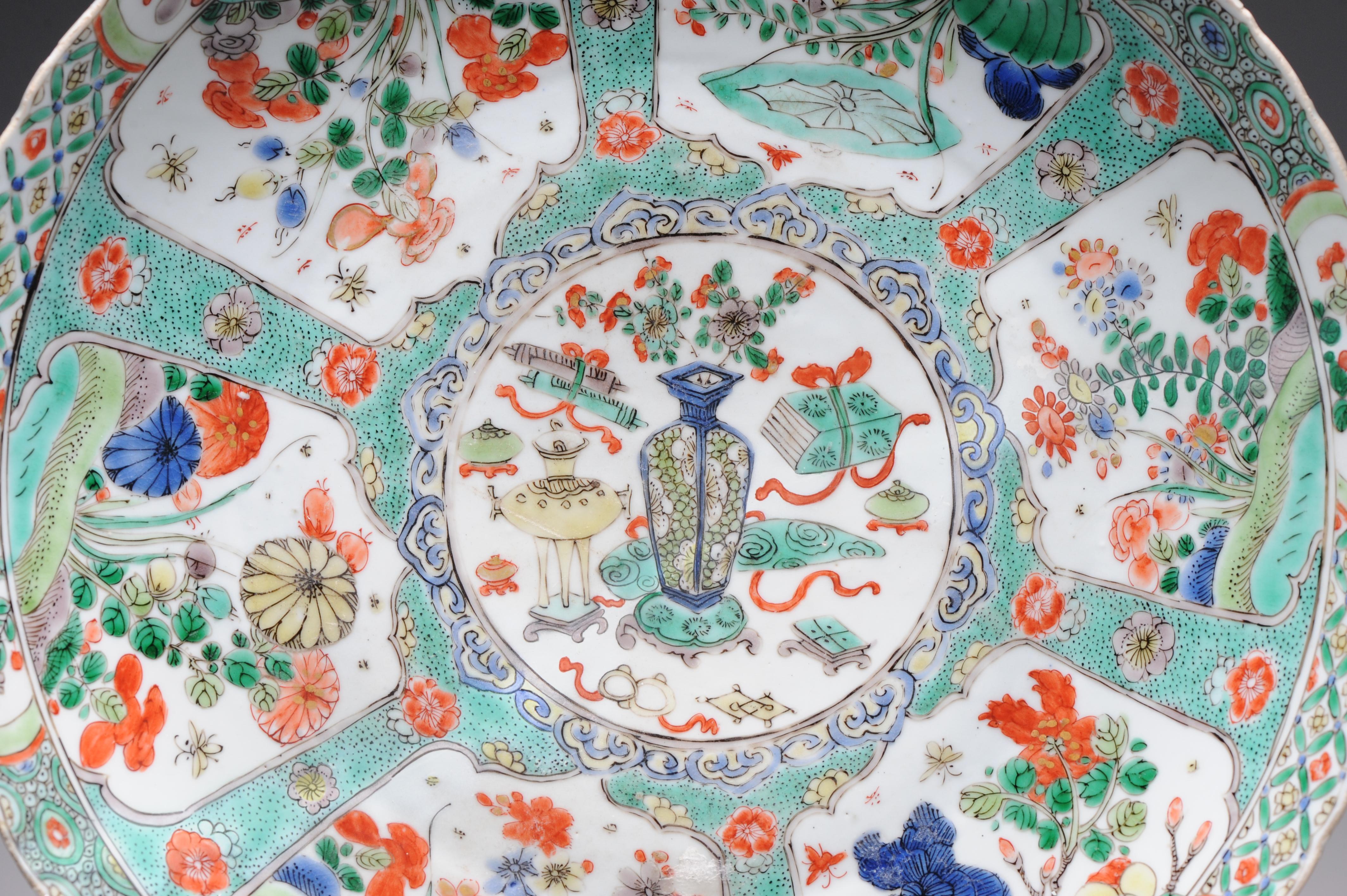18th Century and Earlier Large Antique Chinese Porcelain Famille Verte dish Flowers Landscape Kangxi