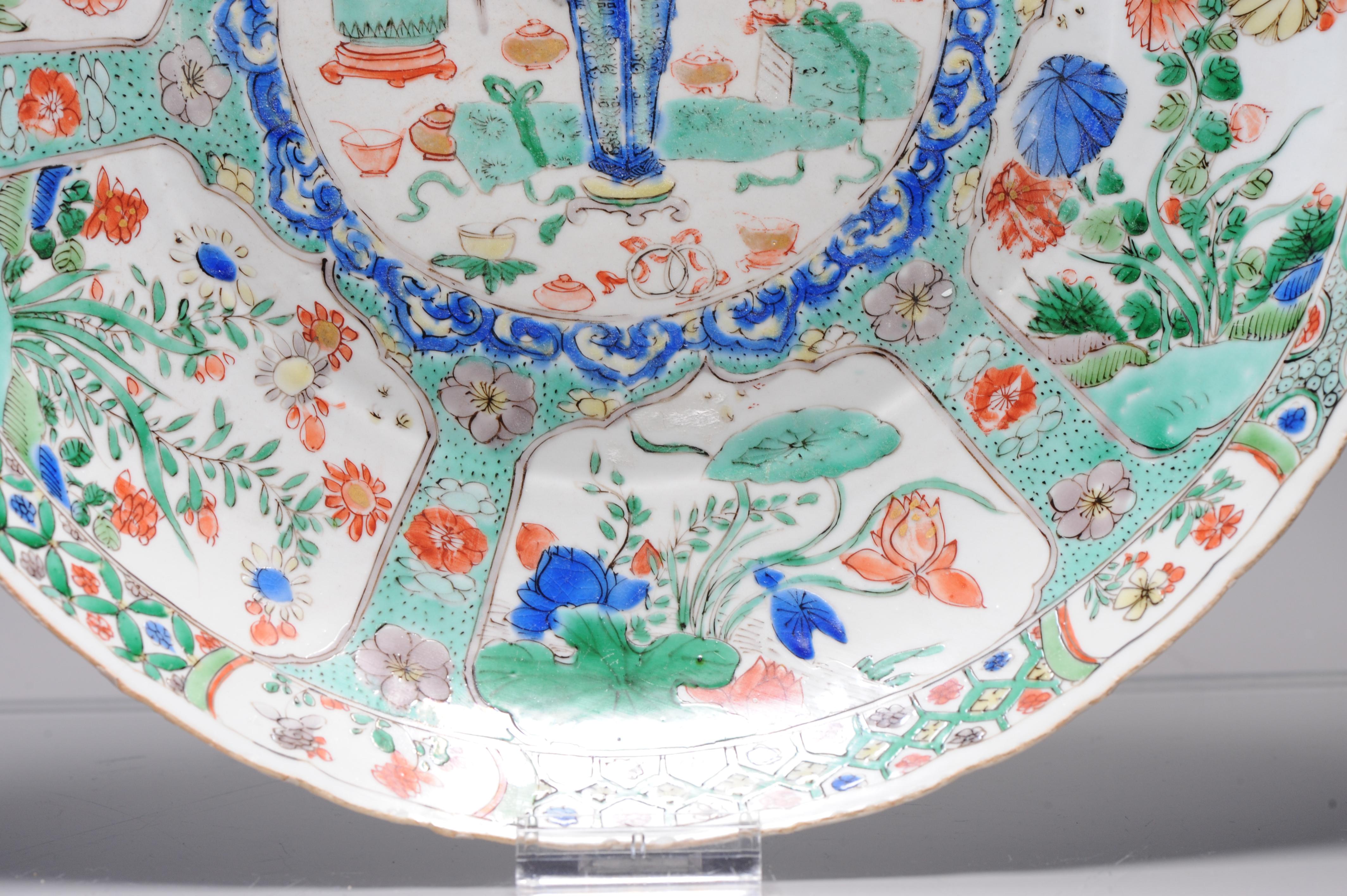 18th Century and Earlier Large Antique Chinese Porcelain Famille Verte Dish Flowers Landscape Kangxi For Sale
