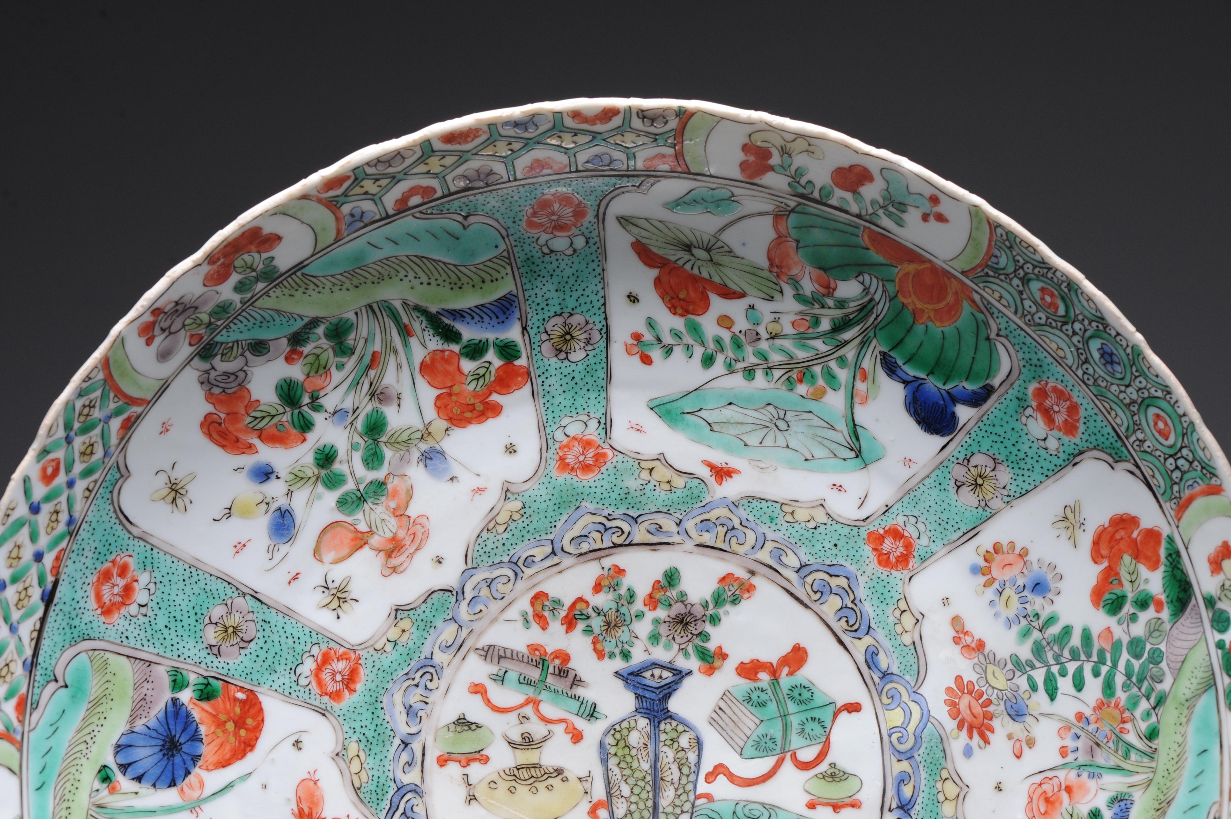 Large Antique Chinese Porcelain Famille Verte dish Flowers Landscape Kangxi 1