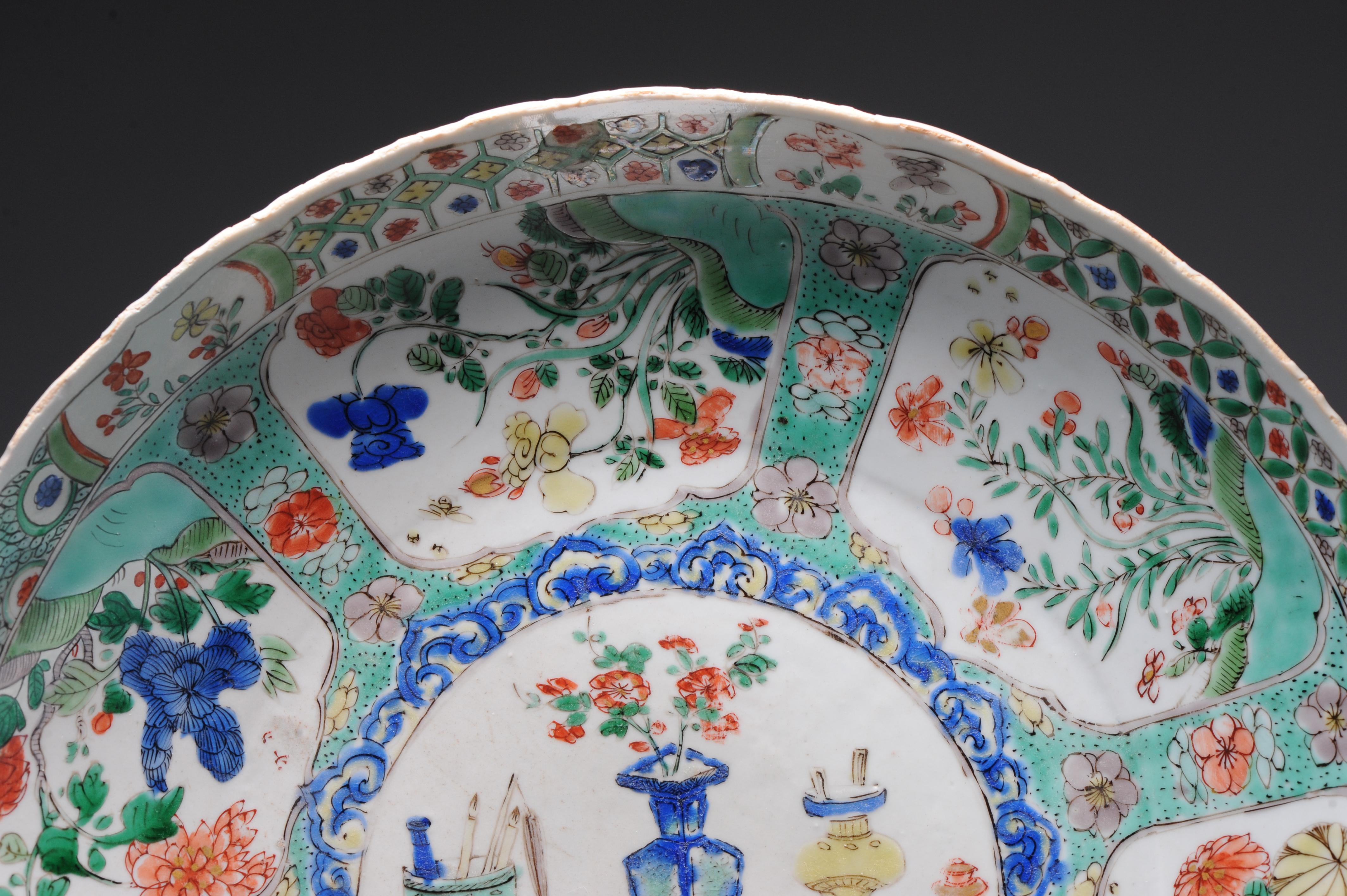 Large Antique Chinese Porcelain Famille Verte Dish Flowers Landscape Kangxi For Sale 2